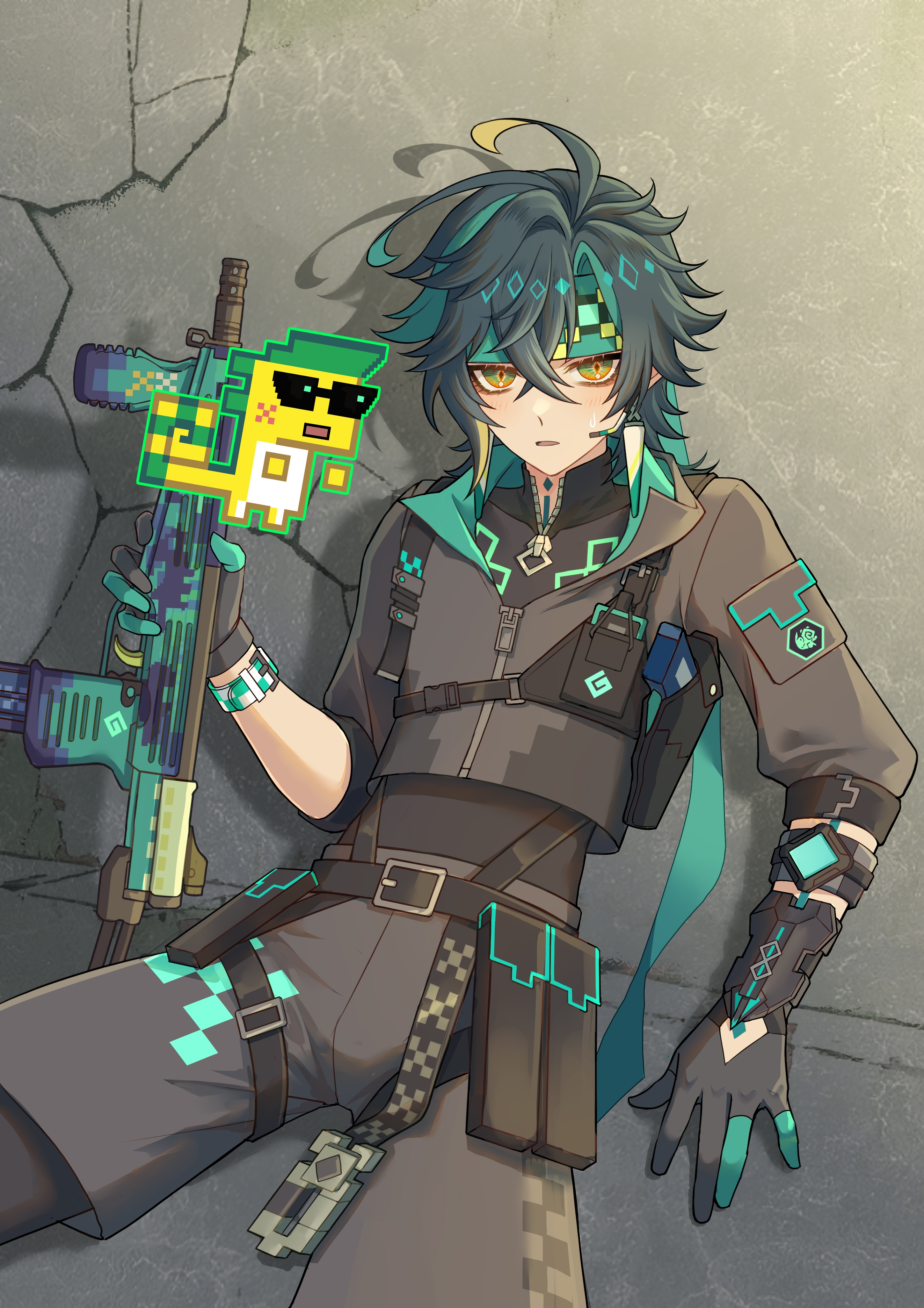 erzplubdduik93g, ajaw (genshin impact), kinich (genshin impact), genshin impact, absurdres, highres, 1boy, alternate costume, black gloves, black hair, black shirt, black shorts, black thighhighs, blonde hair, gloves, green eyes, green gloves, green hair, green headband, gun, hair between eyes, headband, holding, holding gun, holding weapon, hoyofair, long sleeves, male focus, multicolored hair, open mouth, shirt, short hair, shorts, streaked hair, thighhighs, two-tone gloves, weapon