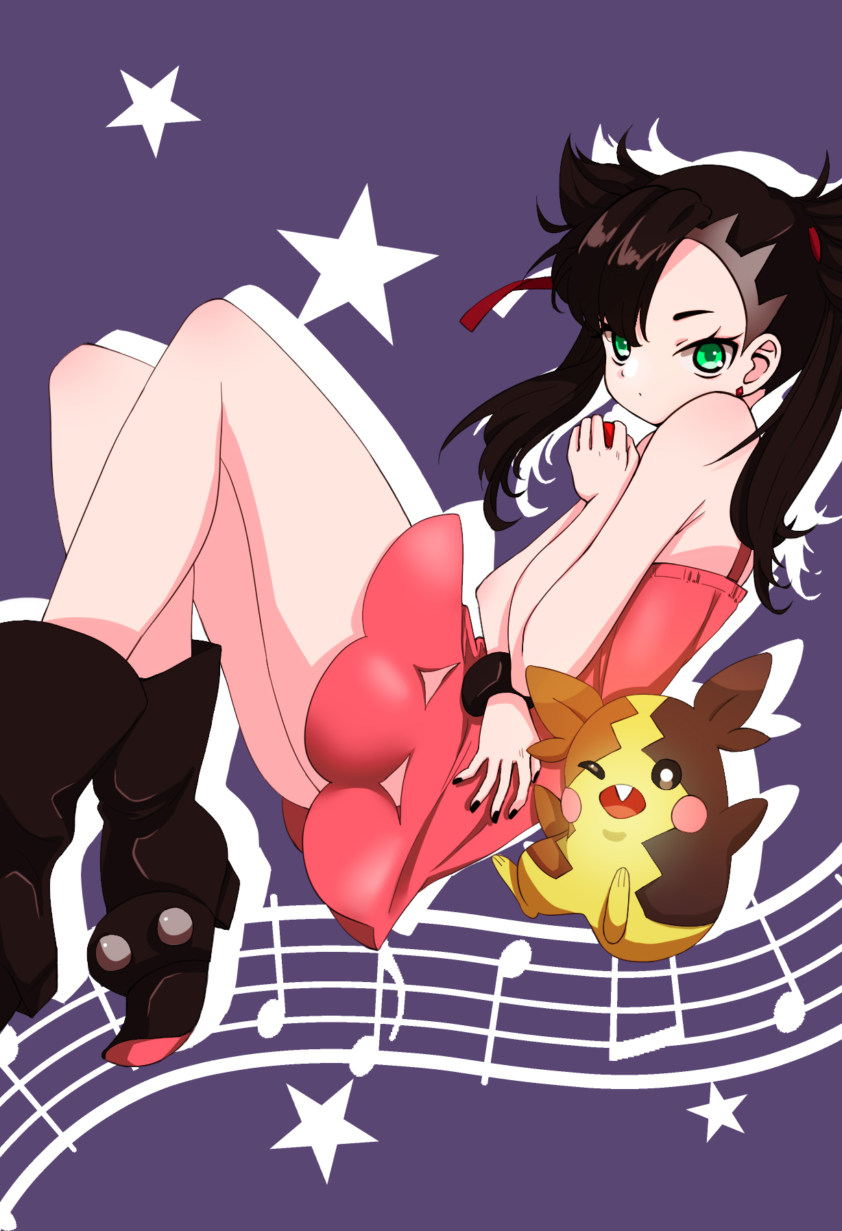 marnie (pokemon), morpeko, morpeko (full), nintendo, pokemon, pokemon swsh, highres, 1girl, armpit crease, asymmetrical bangs, black boots, black hair, black nails, boots, closed mouth, dress, earrings, full body, gen 8 pokemon, green eyes, hair ribbon, holding, holding poke ball, jewelry, lllala0831, looking at viewer, musical staff, no jacket, pink dress, poke ball, poke ball (basic), pokemon (creature), purple background, red ribbon, ribbon, star (symbol), stud earrings, thighs, twintails, undercut