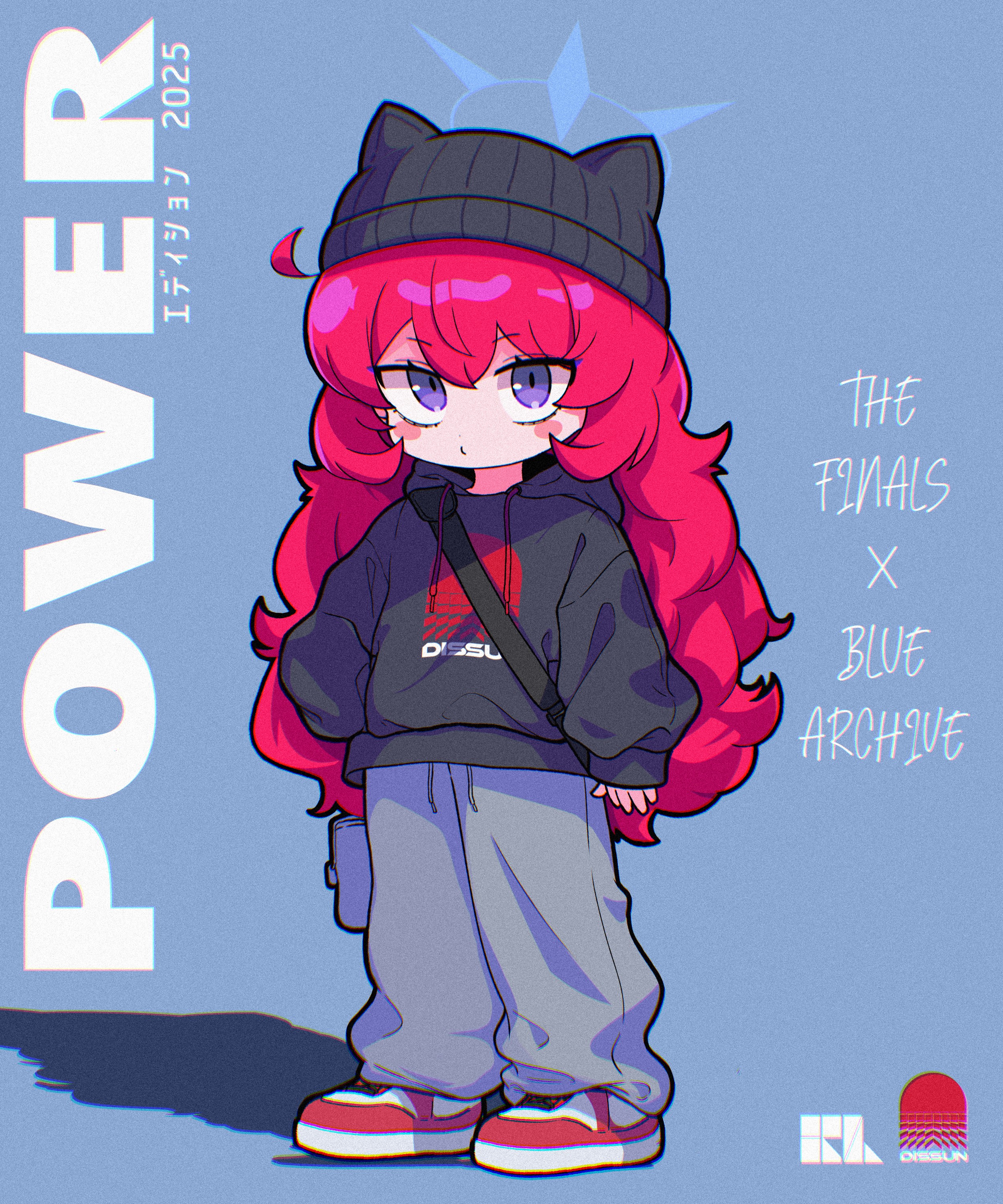 hrna, iroha (blue archive), blue archive, absurdres, commentary, highres, 1girl, animal hat, beanie, black hat, black hoodie, black shirt, blue background, blue halo, blue pants, blush stickers, cat hat, closed mouth, copyright name, drawstring, english text, full body, halo, hat, hood, hood down, hoodie, long hair, long sleeves, pants, purple eyes, red hair, red shoes, shirt, shoes, simple background, sneakers, solo, standing
