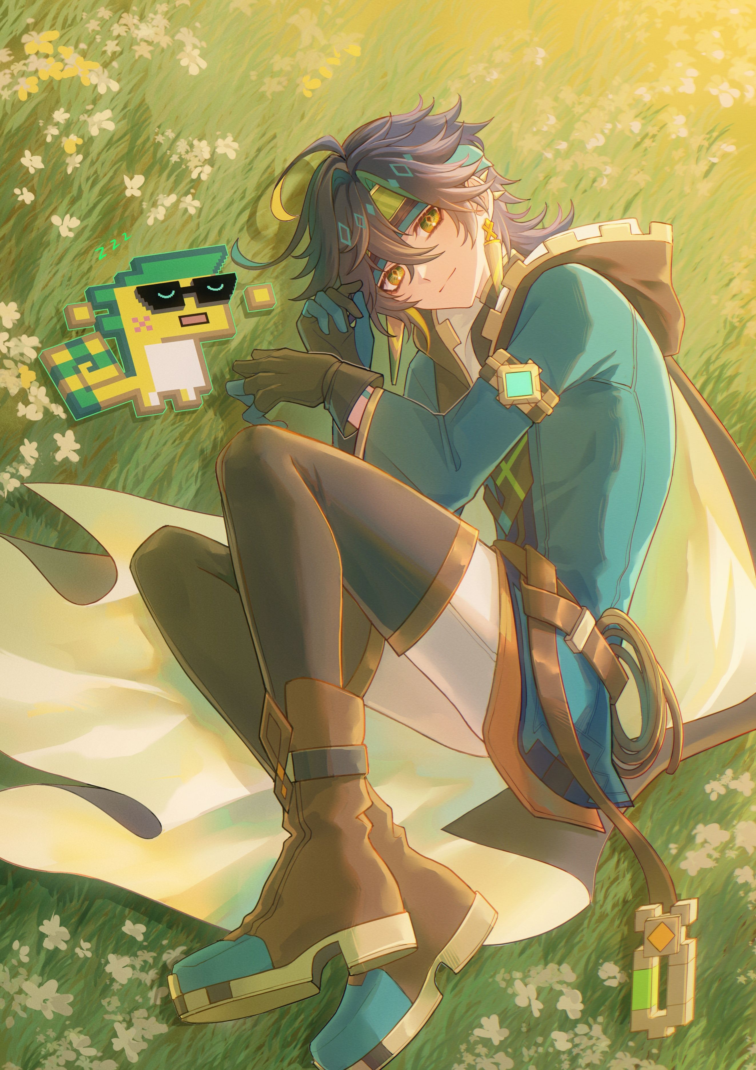 erzplubdduik93g, ajaw (genshin impact), kinich (genshin impact), genshin impact, absurdres, highres, 1boy, black gloves, black hair, black hood, black thighhighs, boots, brown shoes, closed mouth, earrings, gloves, grass, green eyes, green hair, green jacket, hair between eyes, headband, jacket, jewelry, lying, male focus, multicolored hair, on grass, shoes, short hair, smile, streaked hair, thighhighs, two-tone gloves