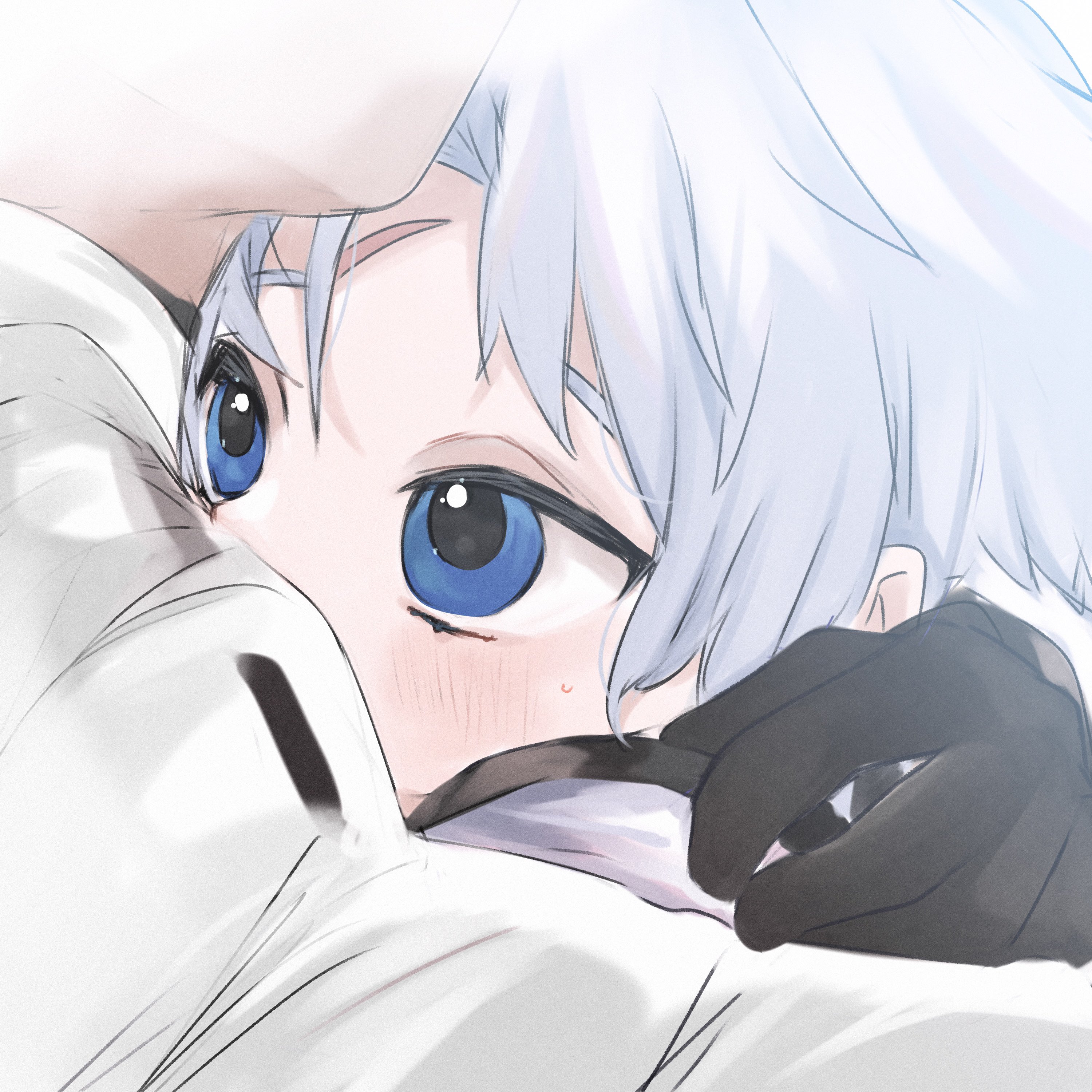 reo7700, fujimaru ritsuka (male), fate/grand order, fate (series), absurdres, highres, 2boys, blue eyes, blush, close-up, grey hair, hug, male focus, multiple boys, scar, scar on face, scar on forehead, shirt, short hair, sweatdrop, toudou heisuke (fate)