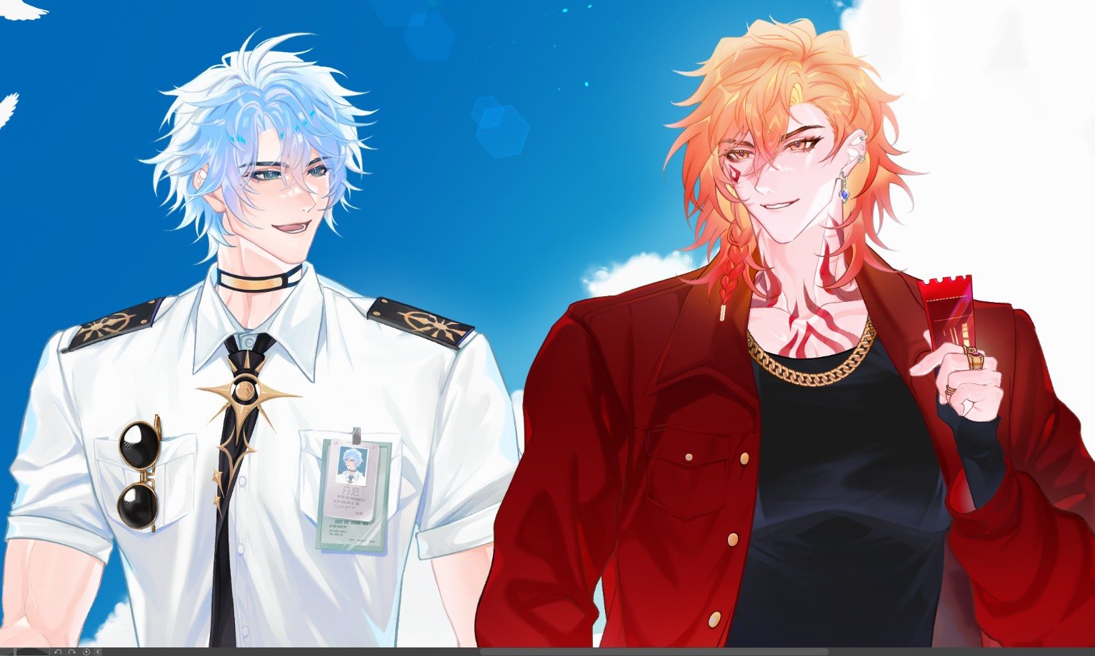 mydei (honkai: star rail), phainon (honkai: star rail), honkai: star rail, honkai (series), commentary, english commentary, 2boys, antenna hair, arm tattoo, black choker, black necktie, black shirt, blonde hair, blue eyes, blue sky, braid, chain, chain necklace, chest tattoo, choker, collared shirt, creodizlavan, facial tattoo, gold necklace, gradient hair, jacket, jewelry, looking at another, male focus, medium hair, multicolored hair, multiple boys, necklace, necktie, open clothes, open jacket, parted bangs, pilot uniform, red hair, red jacket, red tattoo, shirt, short hair, side braid, sky, tattoo, unworn eyewear, white hair, white shirt, yellow eyes