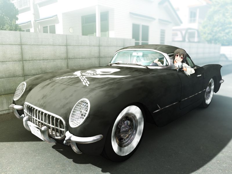chevrolet, chevrolet corvette, nitroplus, sumaga, 1girl, black car, black theme, car, chevrolet corvette c1, license plate, motor vehicle, skull and crossbones