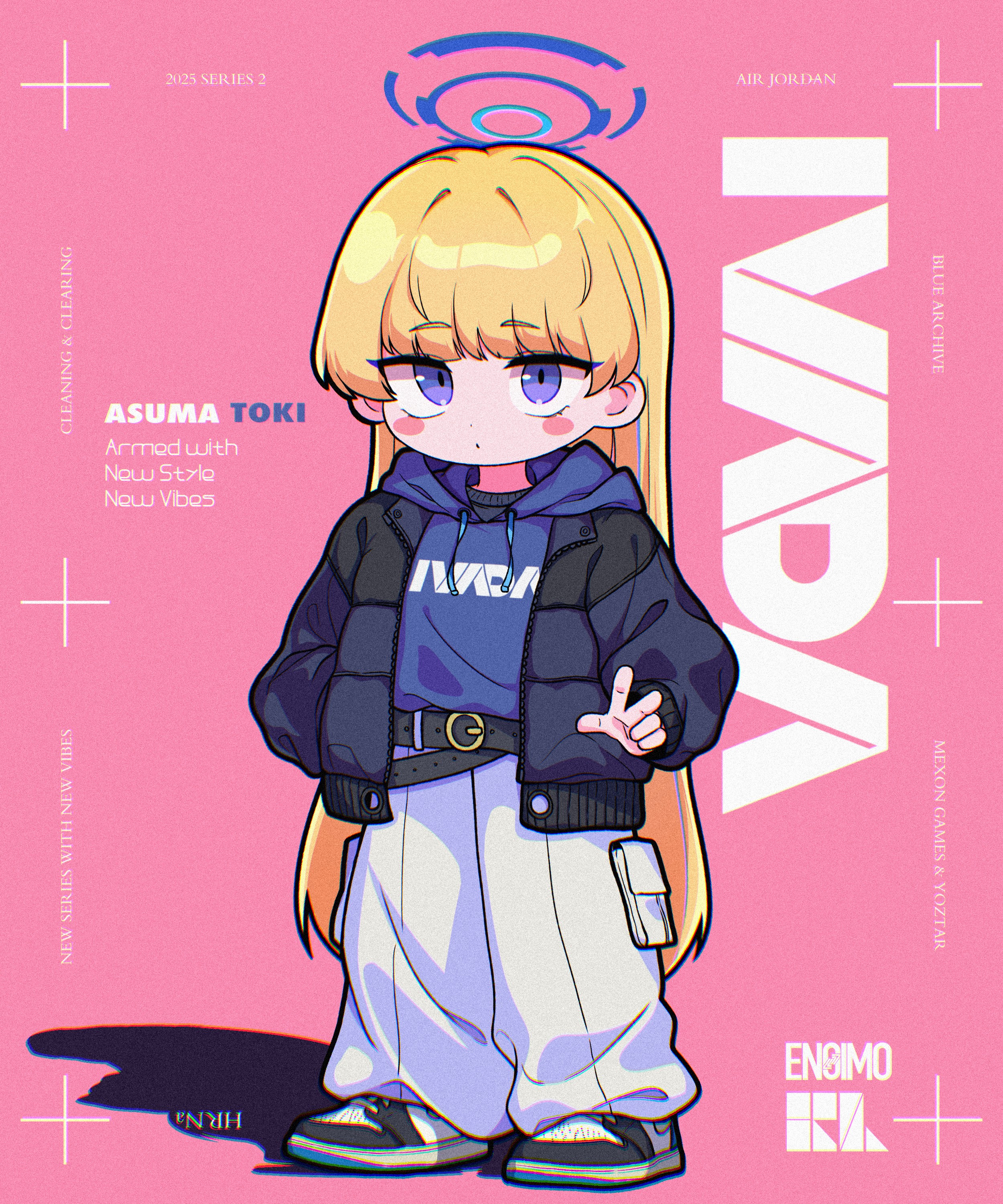 hrna, toki (blue archive), blue archive, absurdres, commentary, highres, 1girl, black jacket, black shoes, blonde hair, blue halo, blue hoodie, blush stickers, character name, closed mouth, drawstring, english text, full body, halo, hand in pocket, hood, hood down, hoodie, jacket, long hair, long sleeves, looking at viewer, open clothes, open jacket, pants, pink background, purple eyes, shoes, solo, standing, very long hair, w, white pants