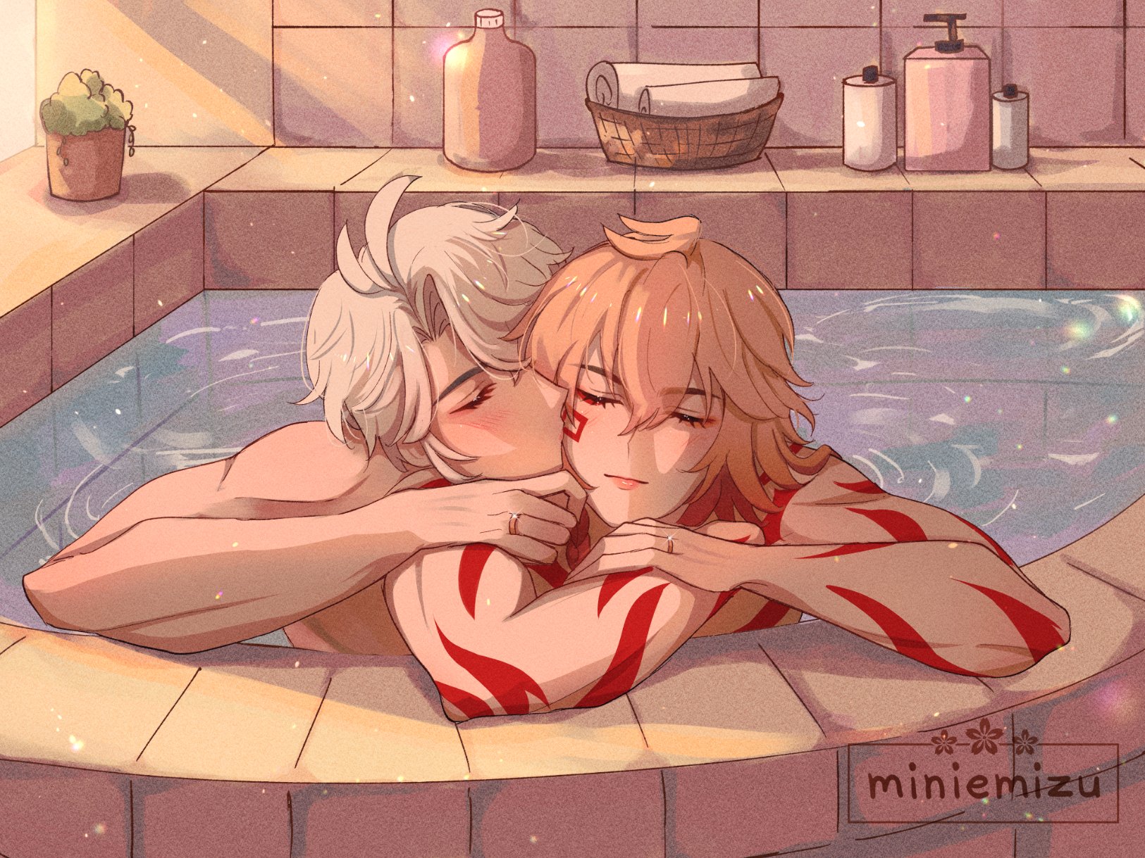 miniemizu, mydei (honkai: star rail), phainon (honkai: star rail), honkai: star rail, honkai (series), commentary, english commentary, highres, 2boys, antenna hair, arm tattoo, artist name, bathroom, black choker, blonde hair, blush, braid, choker, closed eyes, facial tattoo, gradient hair, kiss, kissing cheek, male focus, medium hair, multicolored hair, multiple boys, parted bangs, red hair, red tattoo, shared bathing, short hair, side braid, tattoo, topless male, watermark, white hair, yaoi