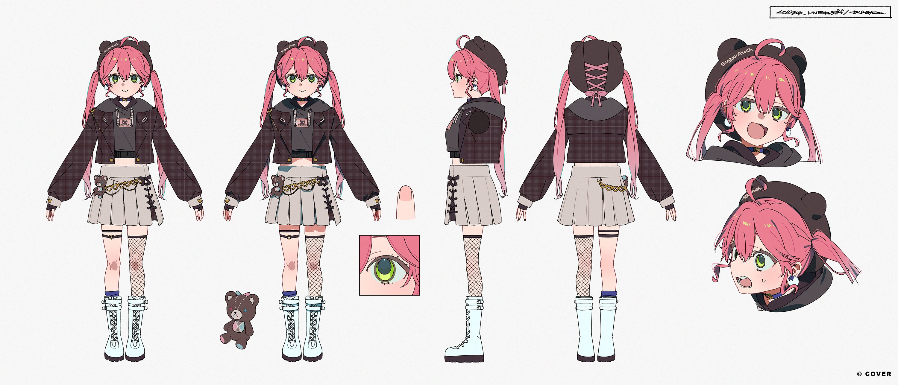 saekiyahiro, sowichi, sakura miko, hololive, commentary request, highres, official art, 1girl, ahoge, black gloves, black hat, blue choker, boots, brown jacket, choker, colored shoe soles, copyright notice, cropped hoodie, cropped jacket, double-parted bangs, fingerless gloves, fishnet thighhighs, fishnets, gloves, green eyes, grey hoodie, hair between eyes, hat, hood, hoodie, jacket, knee boots, long hair, midriff, miniskirt, multiple expressions, multiple views, o-ring, o-ring thigh strap, official alternate costume, official alternate hairstyle, pink hair, plaid clothes, plaid jacket, pleated skirt, sakura miko (micomet), simple background, single thighhigh, skirt, sleeve cuffs, thigh strap, thighhighs, turnaround, twintails, virtual youtuber, white background, white boots, white skirt