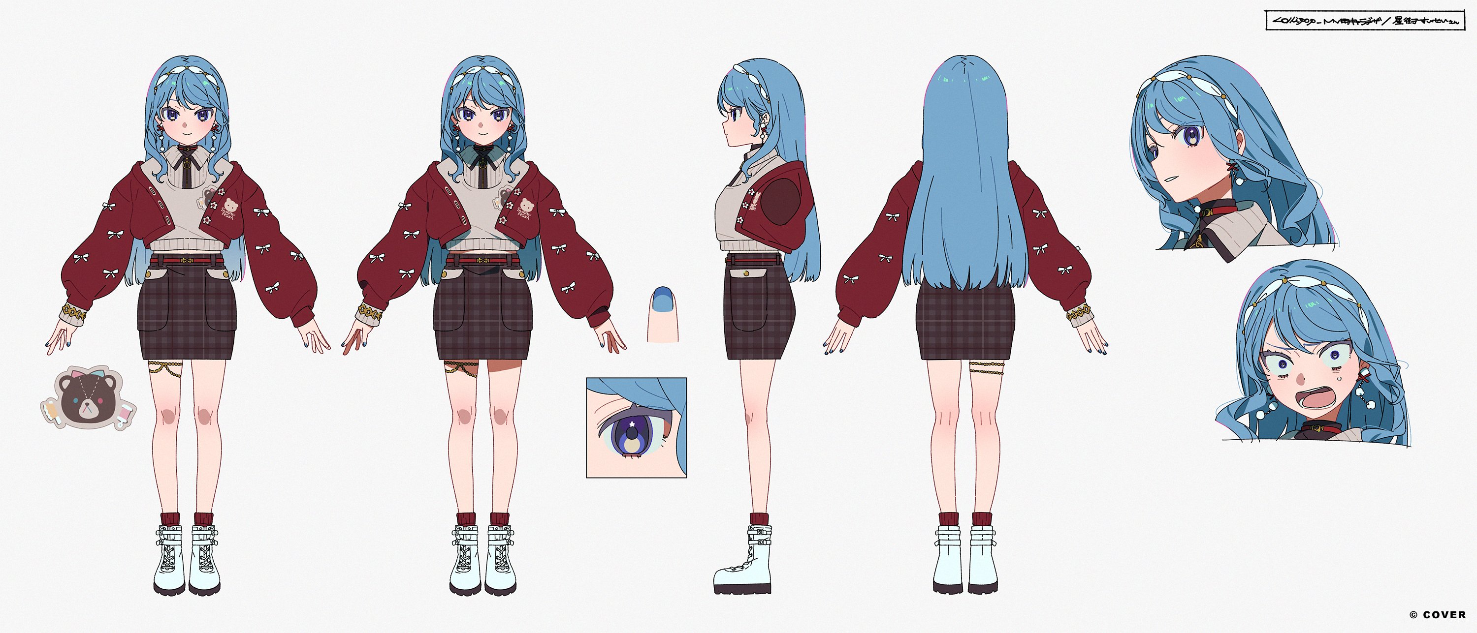 saekiyahiro, sowichi, hoshimachi suisei, hololive, commentary request, highres, official art, 1girl, black shirt, blue eyes, blue hair, boots, brown skirt, cardigan, colored shoe soles, copyright notice, earrings, full body, hairband, hoshimachi suisei (micomet), jewelry, long hair, long sleeves, miniskirt, multiple expressions, multiple views, off shoulder, official alternate costume, official alternate hairstyle, pencil skirt, plaid clothes, plaid skirt, pom pom (clothes), pom pom earrings, puffy long sleeves, puffy sleeves, red cardigan, red socks, ribbed socks, ribbed sweater, shirt, sidelocks, simple background, skirt, socks, star (symbol), star in eye, sweater, swept bangs, symbol in eye, thighlet, turnaround, virtual youtuber, white background, white boots, white hairband, white sweater