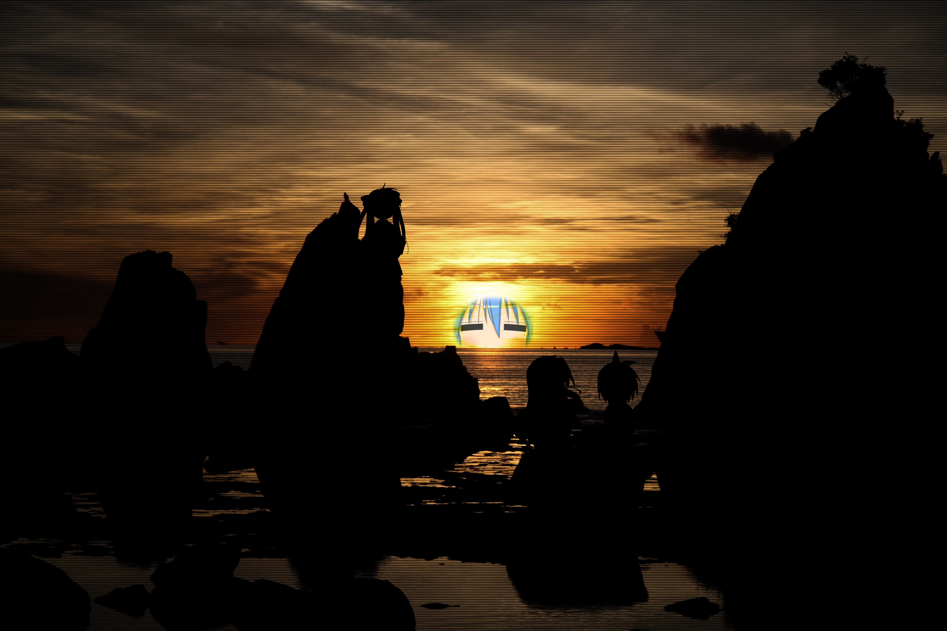 hiiragi kagami, hiiragi tsukasa, izumi konata, takara miyuki, lucky star, absurdres, bad id, bad pixiv id, highres, 00s, silhouette, sunset