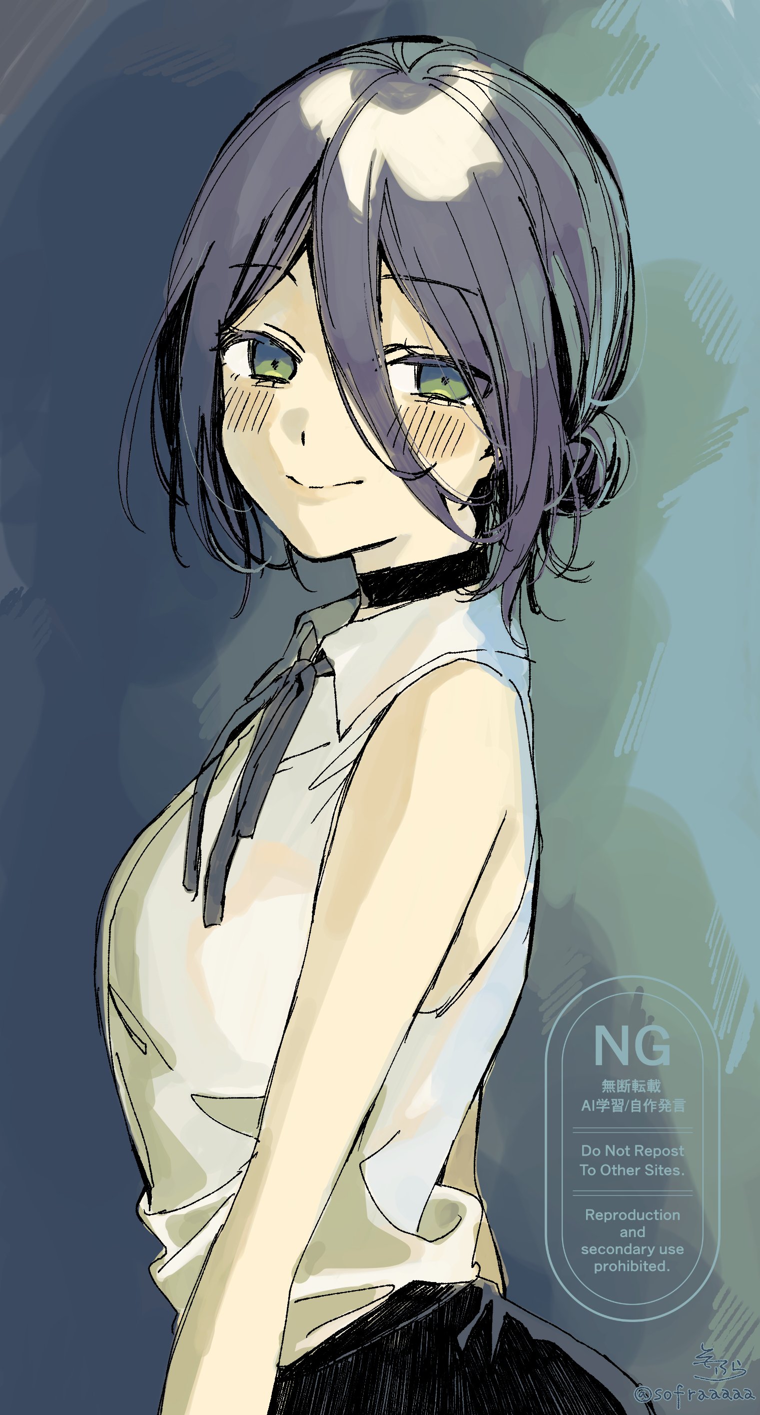 sofra, reze (chainsaw man), chainsaw man, absurdres, commentary request, highres, 1girl, black choker, black hair, black skirt, blush, breasts, choker, closed mouth, collared shirt, dress shirt, from side, green eyes, grey ribbon, hair between eyes, hair bun, looking at viewer, looking to the side, medium breasts, neck ribbon, ribbon, shirt, skirt, smile, solo, watermark, white shirt