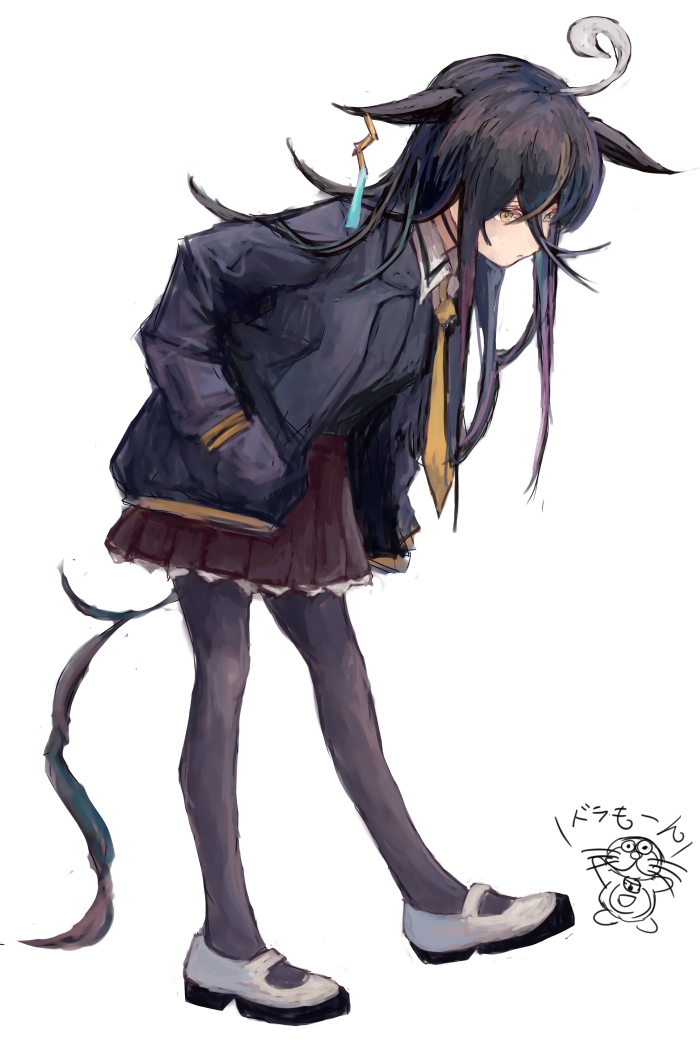 yanagi wakana, doraemon (character), manhattan cafe (umamusume), doraemon, umamusume, 1girl, ahoge, animal ears, black hair, black jacket, black pantyhose, black skirt, black sweater vest, closed mouth, collared shirt, crossover, ear tag, earrings, full body, hair between eyes, hands in pockets, horse ears, horse girl, horse tail, jacket, jewelry, long bangs, long hair, long hair between eyes, long sleeves, looking at another, looking down, multicolored hair, necktie, open clothes, open jacket, pantyhose, shirt, shoes, simple background, single earring, skirt, sweater vest, tail, whiskers, white background, white hair, yellow eyes, yellow necktie