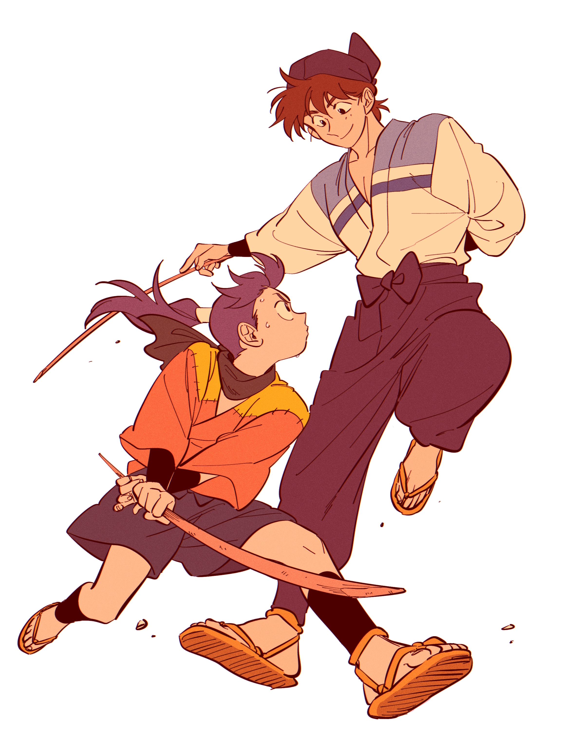 doi hansuke, settsuno kirimaru, rakudai ninja rantarou, absurdres, highres, 2boys, bandana, bandana around neck, black bandana, black pants, black shorts, brown hair, closed mouth, crossed wrists, fighting, fold-over collar, full body, holding, holding sword, holding weapon, humoto 00, knee up, long hair, long sleeves, looking at another, male focus, multiple boys, pants, ponytail, purple hair, sandals, short hair, shorts, simple background, smile, sweat, sword, training, two-handed, weapon, white background, wooden sword, yellow sandals