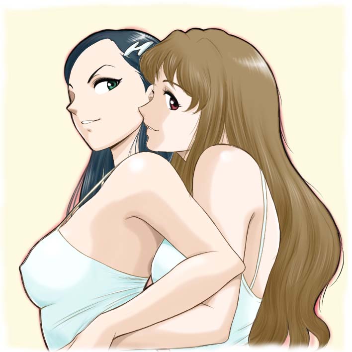 sabachiyo land, natsuki kruger, shizuru viola, my-otome, 00s, 2girls, :d, armpits, bare shoulders, black hair, blush, brown hair, dress, looking at viewer, multiple girls, open mouth, parted lips, sleeveless, sleeveless dress, smile, strap gap, upper body, white dress, yuri