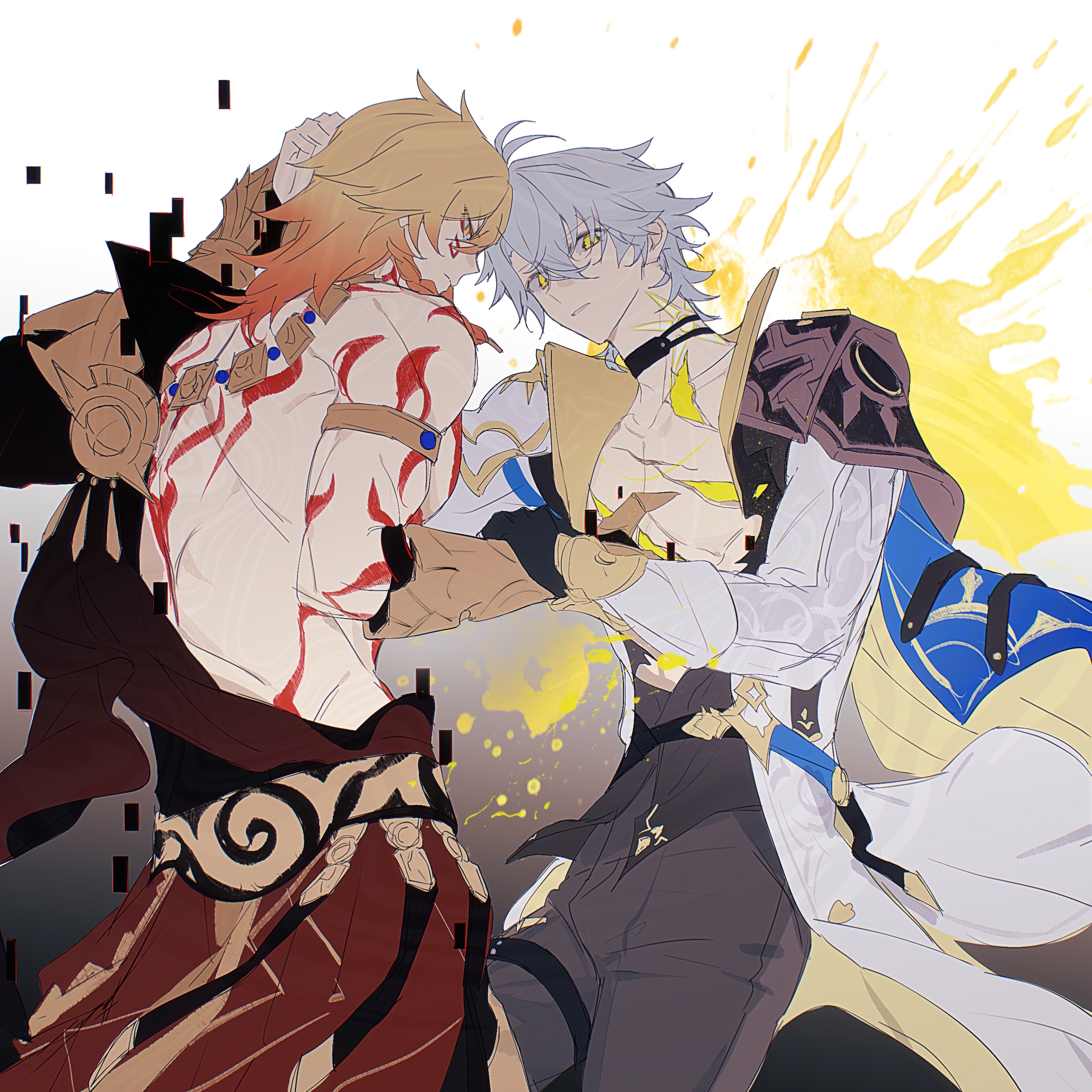 mydei (honkai: star rail), phainon (honkai: star rail), honkai: star rail, honkai (series), absurdres, chinese commentary, commentary request, highres, 2boys, antenna hair, arm tattoo, armlet, black choker, black coat, black gloves, black pants, black shirt, blonde hair, blue eyes, braid, chest tattoo, choker, clawed gauntlets, coat, facial tattoo, fingerless gloves, gloves, gradient hair, holding another's wrist, jewelry, male focus, medium hair, multicolored hair, multiple boys, neck tattoo, open clothes, open coat, pants, parted bangs, red hair, red tattoo, shifuchaogecai, shirt, short hair, side braid, sun symbol, sun tattoo, tan, tattoo, torn clothes, torn shirt, white coat, white hair, yellow blood, yellow eyes