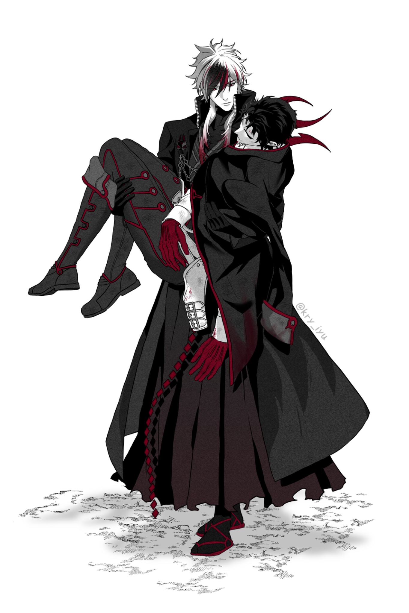 kry iyu, hijikata toshizou (fate), fate/grand order, fate (series), highres, 2boys, black hair, black jacket, carrying, closed eyes, coat, full body, gloves, hakama, jacket, japanese clothes, kondou isami (fate), long hair, male focus, multicolored hair, multiple boys, pants, princess carry, red eyes, red hair, shirt, short hair, white background, white hair