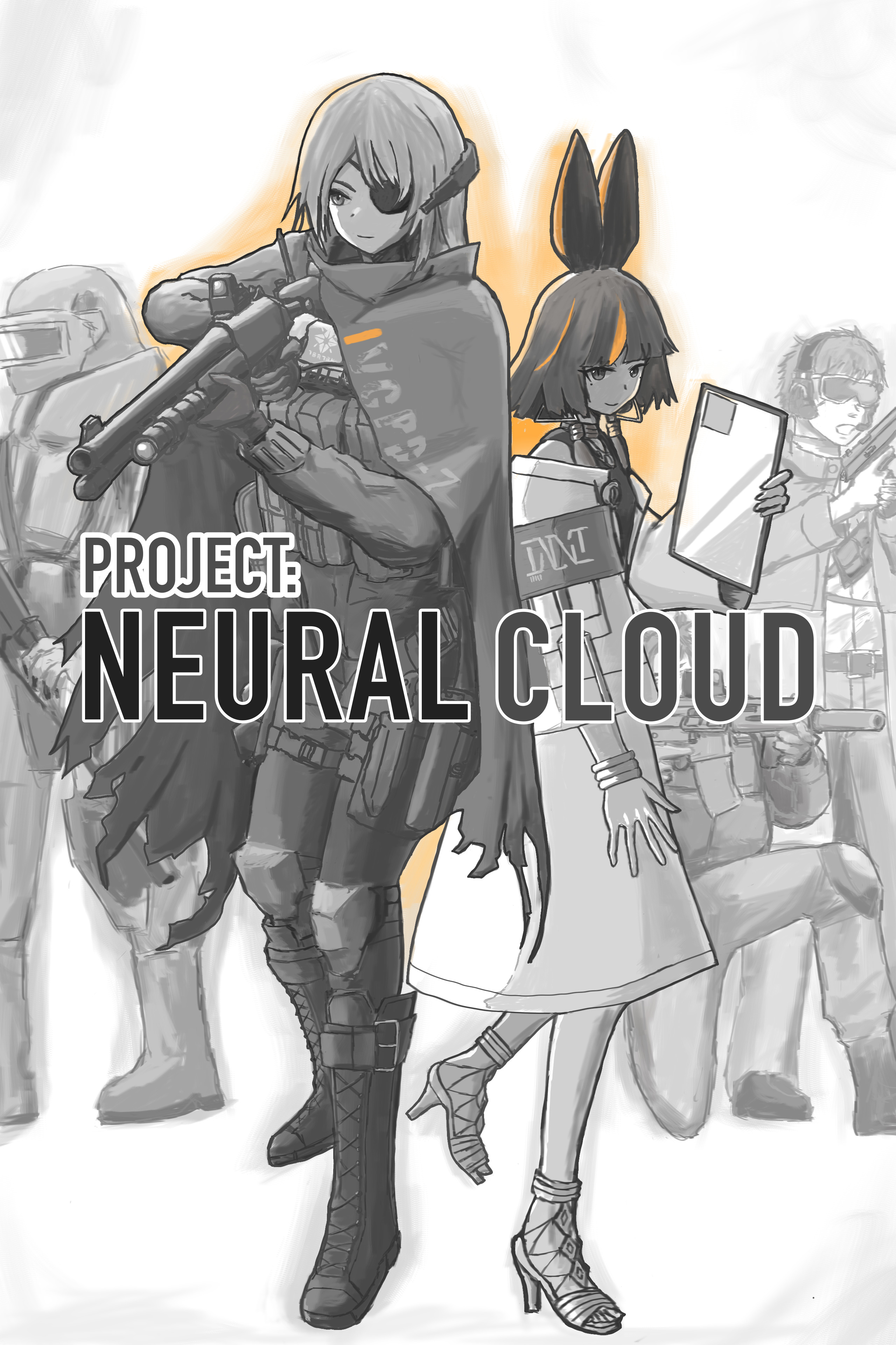 icantdrawart, evelyn (neural cloud), imhotep (neural cloud), girls' frontline, girls' frontline neural cloud, absurdres, commentary request, highres, 2girls, 3boys, animal ears, black hair, closed mouth, copyright name, dress, ear protection, eyepatch, full body, gloves, goggles, grey hair, gun, helmet, high heels, holding, holding gun, holding weapon, load bearing vest, long hair, multicolored hair, multiple boys, multiple girls, orange hair, pants, shotgun, smile, spot color, standing, streaked hair, tactical clothes, weapon