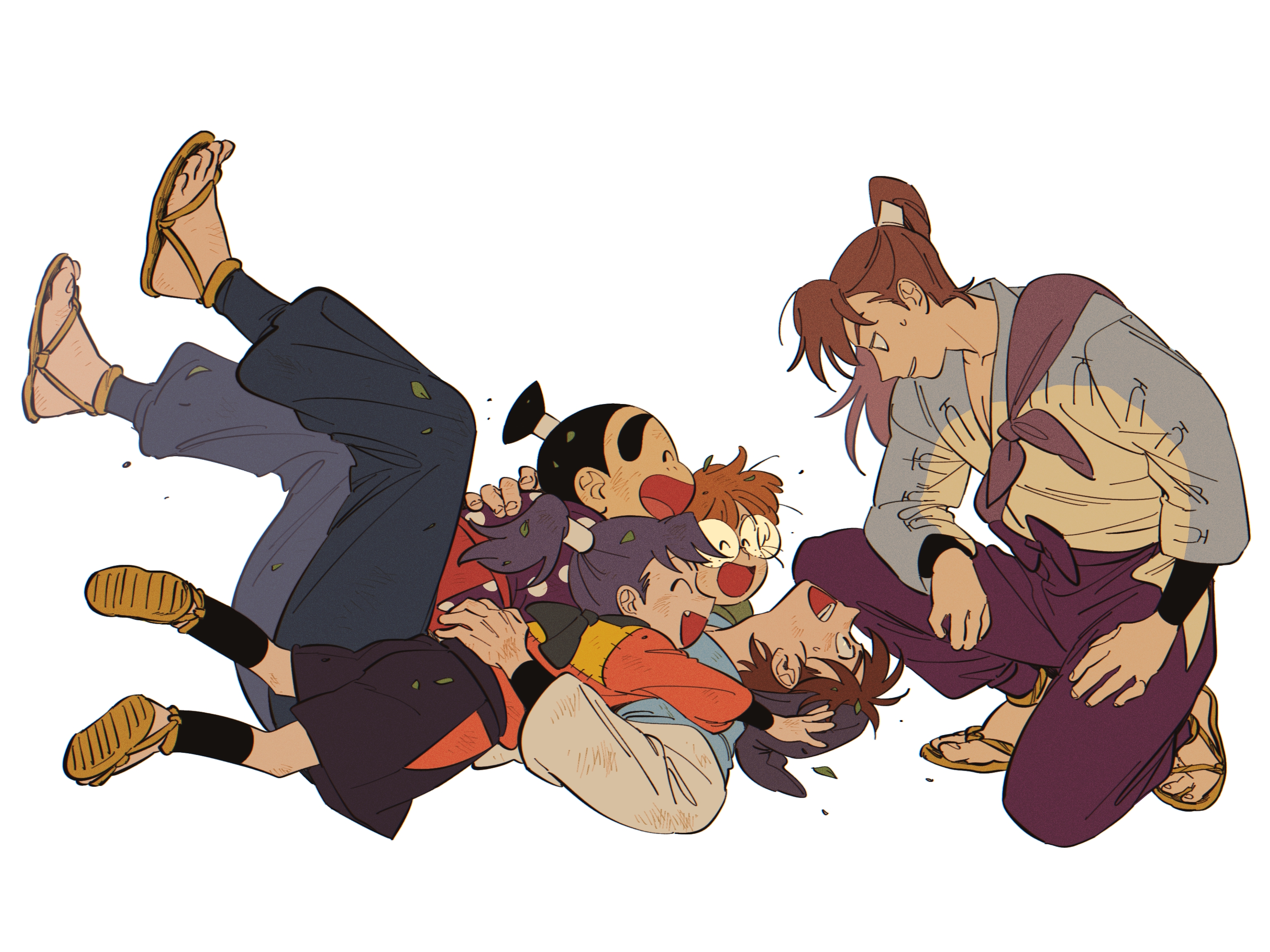 doi hansuke, fukutomi shinbei, inadera rantarou, settsuno kirimaru, yamada rikichi, rakudai ninja rantarou, highres, 5boys, :d, age difference, black hair, brown hair, eye contact, from side, glasses, hand on another's back, hands on own thighs, happy, humoto 00, long sleeves, looking at another, lying, male focus, multiple boys, on back, on one knee, open mouth, pants, ponytail, profile, purple hair, roundel, sandals, sanpaku, shirt, smile, thick eyebrows