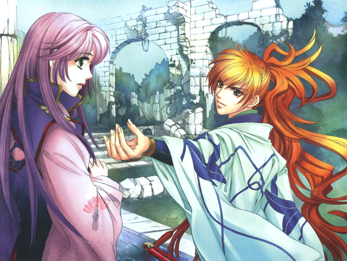 mizuno tooko, kasuga nozomi, minamoto no kurou yoshitsune, harukanaru toki no naka de, harukanaru toki no naka de 3, 00s, 1boy, 1girl, armor, back, brick wall, broken, brown eyes, closed mouth, day, eye contact, floral print, flower, grass, green eyes, japanese armor, japanese clothes, kote, long hair, looking at another, lotus, orange hair, outdoors, outstretched arm, parted lips, pillar, plant, ponytail, purple hair, reaching, ruins, sky, stairs, sword, tassel, tree, very long hair, vines, weapon