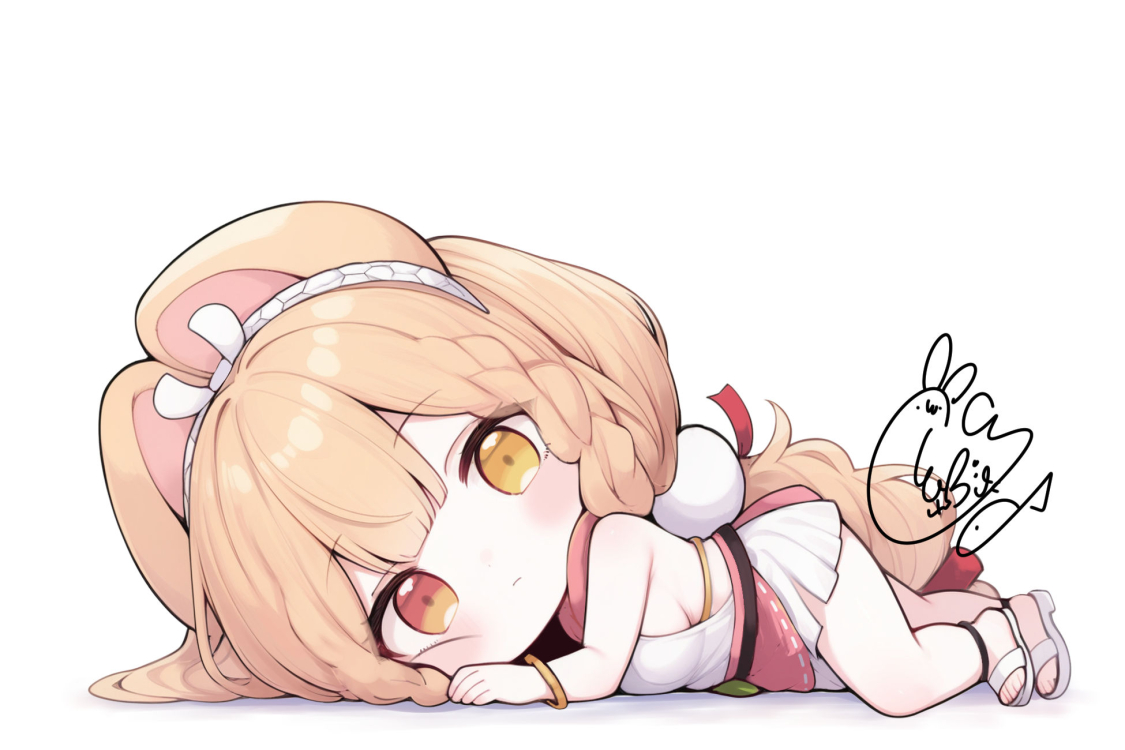 beni shake, alice thymefield, alice thymefield (sea of thyme), zenless zone zero, commentary request, 1girl, animal ears, bangle, bare arms, bare shoulders, blush, bracelet, breasts, brown hair, chibi, closed mouth, full body, heterochromia, jewelry, long hair, looking at viewer, lying, medium breasts, official alternate costume, on stomach, pink skirt, red eyes, sandals, shadow, shirt, sideboob, signature, simple background, skirt, solo, very long hair, white background, white sandals, white shirt, yellow eyes