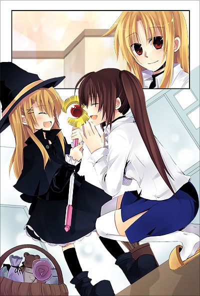 fate testarossa, raising heart, raising heart (device mode), takamachi nanoha, vivio, lyrical nanoha, mahou shoujo lyrical nanoha, mahou shoujo lyrical nanoha strikers, 00s, 3girls, blonde hair, closed eyes, hair ornament, halloween, hat, military, military uniform, multiple girls, red hair, side ponytail, thighhighs, witch hat, x hair ornament