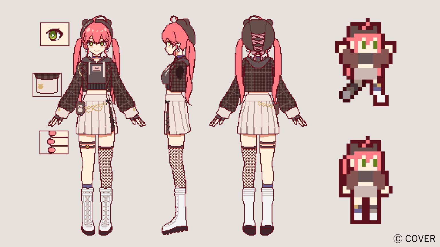 mikiproject 4, saekiyahiro, sakura miko, hololive, commentary request, official art, 1girl, ahoge, black gloves, black hat, blue choker, boots, brown jacket, choker, colored shoe soles, copyright notice, cropped hoodie, cropped jacket, double-parted bangs, fingerless gloves, fishnet thighhighs, fishnets, gloves, green eyes, grey background, grey hoodie, hair between eyes, hat, hood, hoodie, jacket, knee boots, long hair, midriff, miniskirt, multiple views, o-ring, o-ring thigh strap, official alternate costume, official alternate hairstyle, pink hair, pixel art, plaid clothes, plaid jacket, pleated skirt, sakura miko (micomet), simple background, single thighhigh, skirt, sleeve cuffs, thigh strap, thighhighs, turnaround, twintails, virtual youtuber, white boots, white skirt