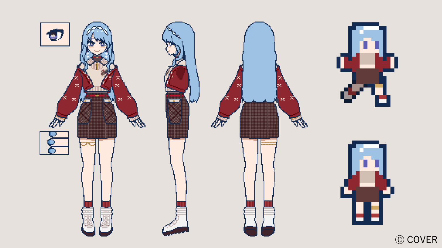 mikiproject 4, saekiyahiro, hoshimachi suisei, hololive, commentary request, official art, second-party source, 1girl, black shirt, blue eyes, blue hair, boots, brown skirt, cardigan, colored shoe soles, copyright notice, earrings, full body, grey background, hairband, hoshimachi suisei (micomet), jewelry, long hair, long sleeves, miniskirt, multiple views, off shoulder, official alternate costume, official alternate hairstyle, pencil skirt, pixel art, plaid clothes, plaid skirt, pom pom (clothes), pom pom earrings, puffy long sleeves, puffy sleeves, red cardigan, red socks, ribbed socks, ribbed sweater, shirt, sidelocks, simple background, skirt, socks, star (symbol), star in eye, sweater, swept bangs, symbol in eye, thighlet, turnaround, virtual youtuber, white boots, white hairband, white sweater