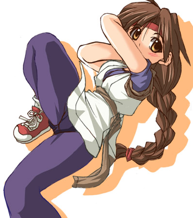 tonpuu, yuri sakazaki, ryuuko no ken, snk, the king of fighters, lowres, 1girl, blush, braid, brown eyes, brown hair, dougi, female focus, headband, long hair, lying, sash, shoes, single braid, sneakers, socks, solo, spandex, very long hair