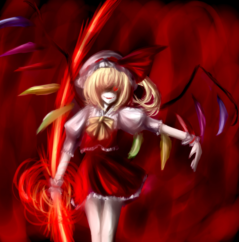 syarute, flandre scarlet, touhou, 1girl, blonde hair, creepy, fangs, female focus, gradient background, hat, hat ribbon, horror (theme), laevatein, red eyes, ribbon, skirt, solo, wings