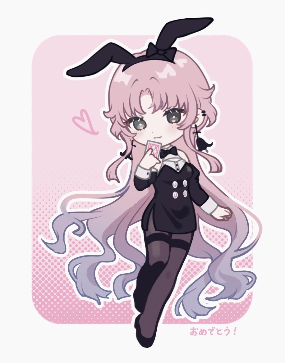 edano (8ed mm8), kamitsubaki studio, sinsekai record, hashtag-only commentary, 1girl, animal ear hairband, animal ears, bema (sinsekai), black bow, black bowtie, black dress, black pantyhose, bow, bow hairband, bowtie, card, closed mouth, deformed, dress, earrings, fake animal ears, full body, gradient hair, grey eyes, grey hair, hairband, halftone, heart, holding, holding card, jewelry, light blush, long hair, looking at viewer, multicolored hair, pantyhose, parted bangs, pink hair, rabbit ears, sleeve cuffs, solo, very long hair, virtual youtuber
