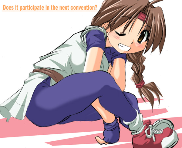 tonpuu, yuri sakazaki, ryuuko no ken, snk, the king of fighters, 1girl, blush, braid, brown eyes, brown hair, dougi, english text, engrish text, female focus, gloves, headband, long hair, loose socks, one eye closed, ranguage, sash, shoes, single braid, sitting, sneakers, socks, solo, very long hair, wink