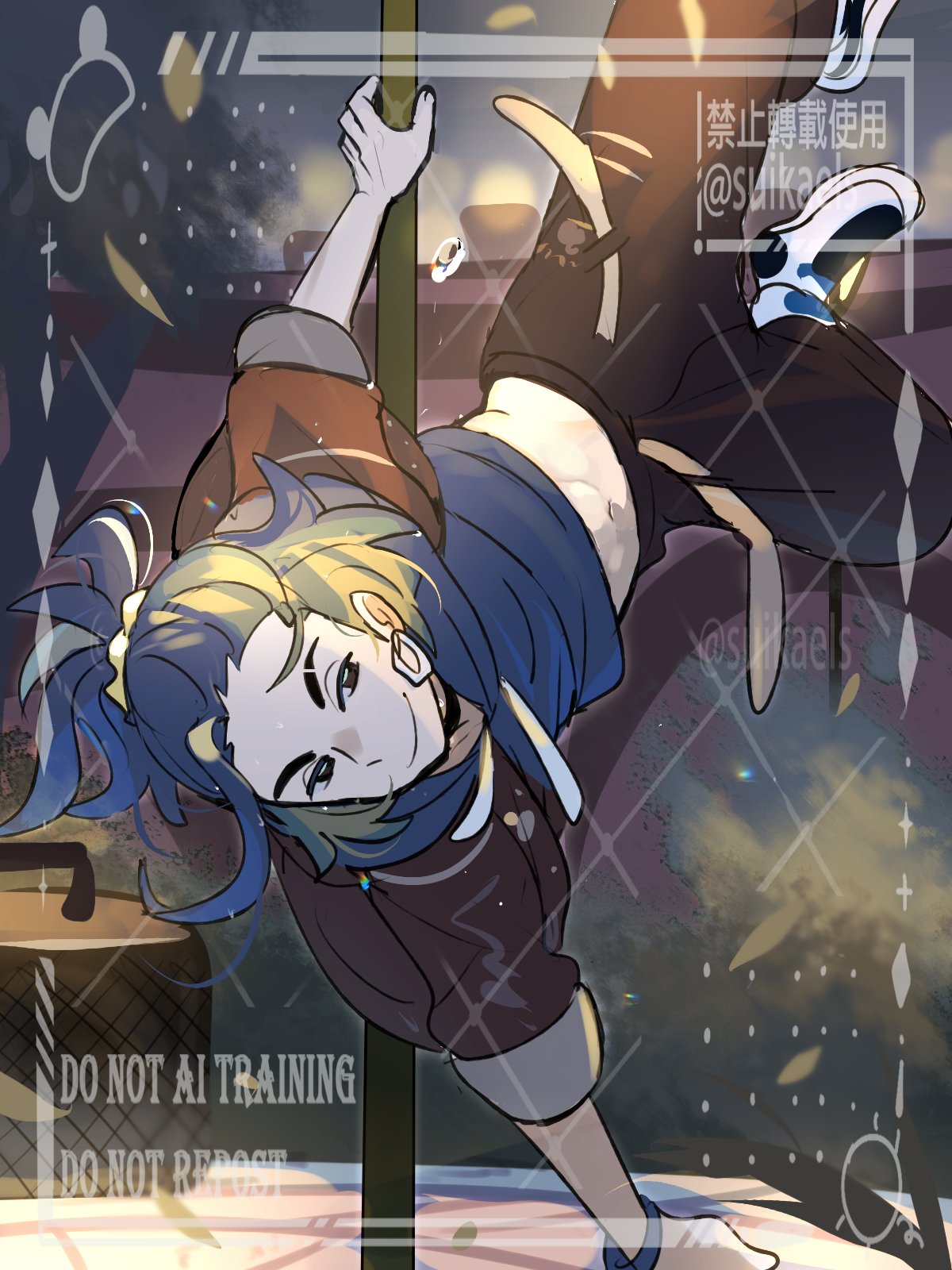 suikaels, adaman (pokemon), nintendo, pokemon, pokemon legends: arceus, pokemon masters ex, highres, 1boy, black pants, black sleeves, blue hair, blue hoodie, brown eyes, closed mouth, dancing, earrings, eyebrow cut, full body, green hair, hood, hoodie, jewelry, looking at viewer, male focus, multicolored hair, navel, pants, ponytail, shoes, simple background, smile, solo, white shoes