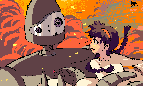 bf. (sogogiching), laputa robot, sheeta, studio ghibli, tenkuu no shiro laputa, archived source, lowres, 1girl, anime coloring, ashes, black eyes, braid, brown hair, floating hair, hairband, jaggy lines, long hair, long sleeves, looking at another, low-braided long hair, low-tied long hair, low twin braids, low twintails, open mouth, orange hairband, orange sky, robot, signature, sky, smoke, tongue, twin braids, twintails, warm colored, white sleeves