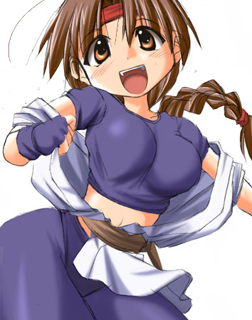tonpuu, yuri sakazaki, ryuuko no ken, snk, the king of fighters, lowres, 1girl, blush, braid, breasts, brown eyes, brown hair, dougi, female focus, gloves, headband, long hair, midriff, navel, open clothes, open shirt, sash, shirt, single braid, solo, spandex, standing, undressing, very long hair