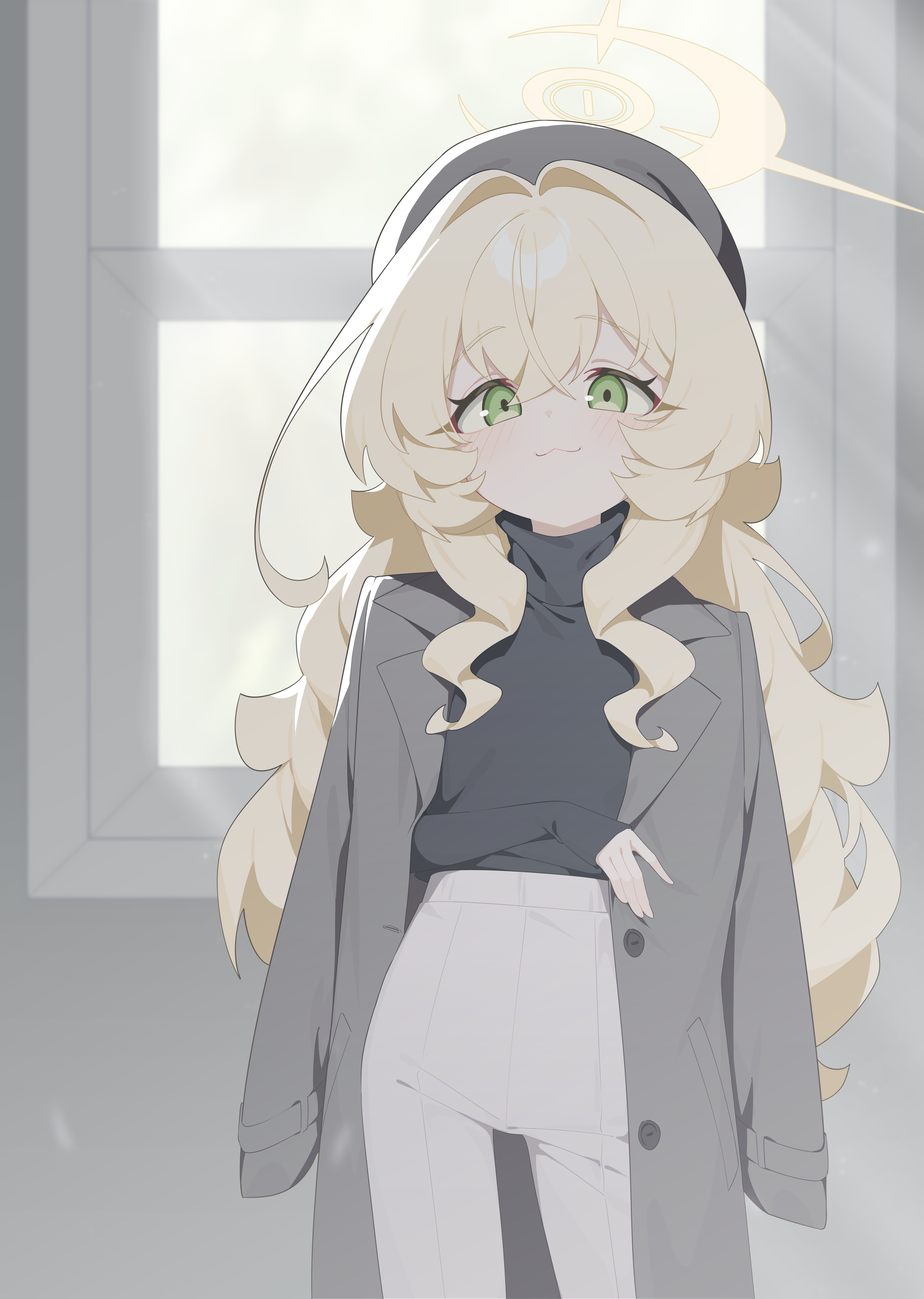 honi (honi1010), professor niyaniya (blue archive), blue archive, absurdres, commentary request, highres, revision, 1girl, :3, black hat, black shirt, blonde hair, closed mouth, green eyes, grey jacket, grey pants, hair between eyes, halo, hand up, hat, jacket, lapels, long hair, long sleeves, looking at viewer, notched lapels, open clothes, open jacket, pants, shirt, solo, suit jacket, very long hair, yellow halo