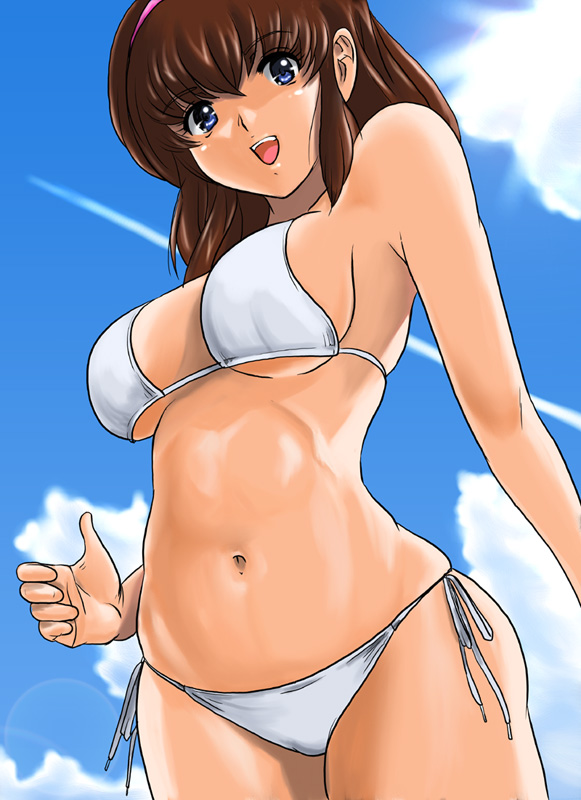 shu-z, hitomi (doa), dead or alive, tecmo, 1girl, bikini, day, female focus, shiny skin, side-tie bikini bottom, solo, swimsuit, white bikini