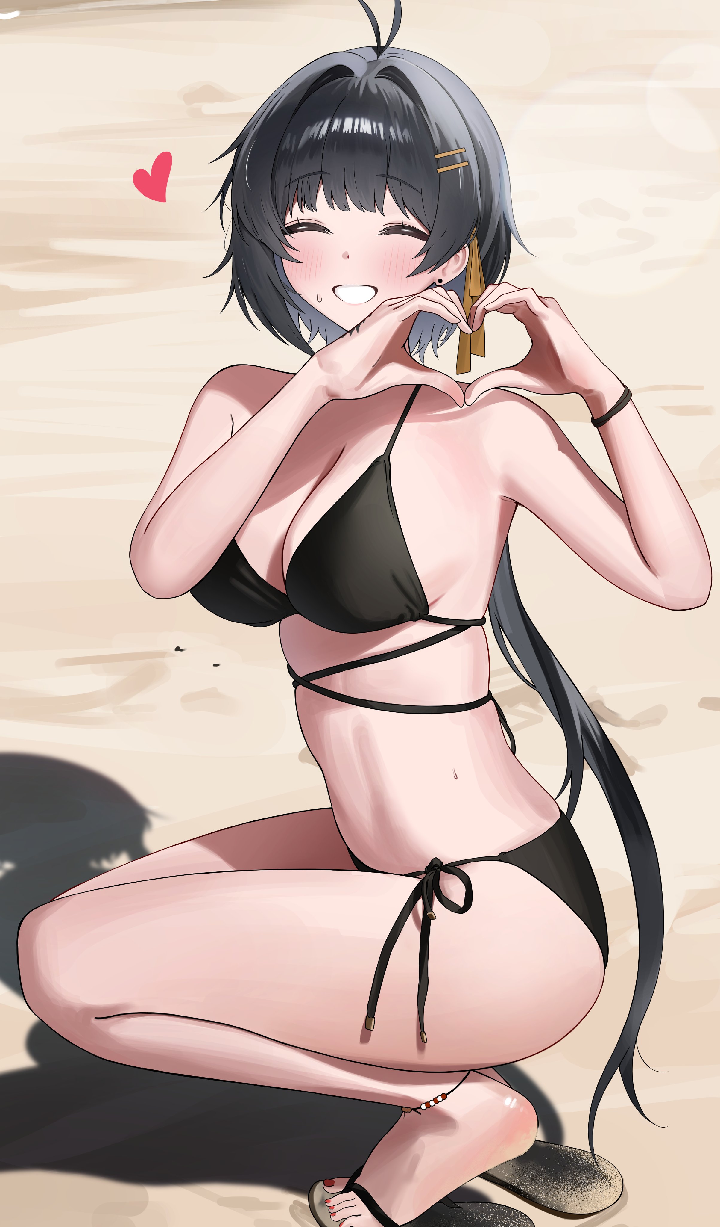 east (east 0o0 ), female rover (wuthering waves), rover (wuthering waves), wuthering waves, absurdres, commentary, highres, symbol-only commentary, 1girl, alternate costume, bare shoulders, bikini, black bikini, black hair, blush, bracelet, breasts, cleavage, closed eyes, colored inner hair, facing to the side, facing viewer, hair ribbon, heart, heart hands, jewelry, large breasts, long hair, multicolored hair, outdoors, ribbon, side-tie bikini bottom, smile, solo, squatting, swimsuit, thighs, yellow ribbon