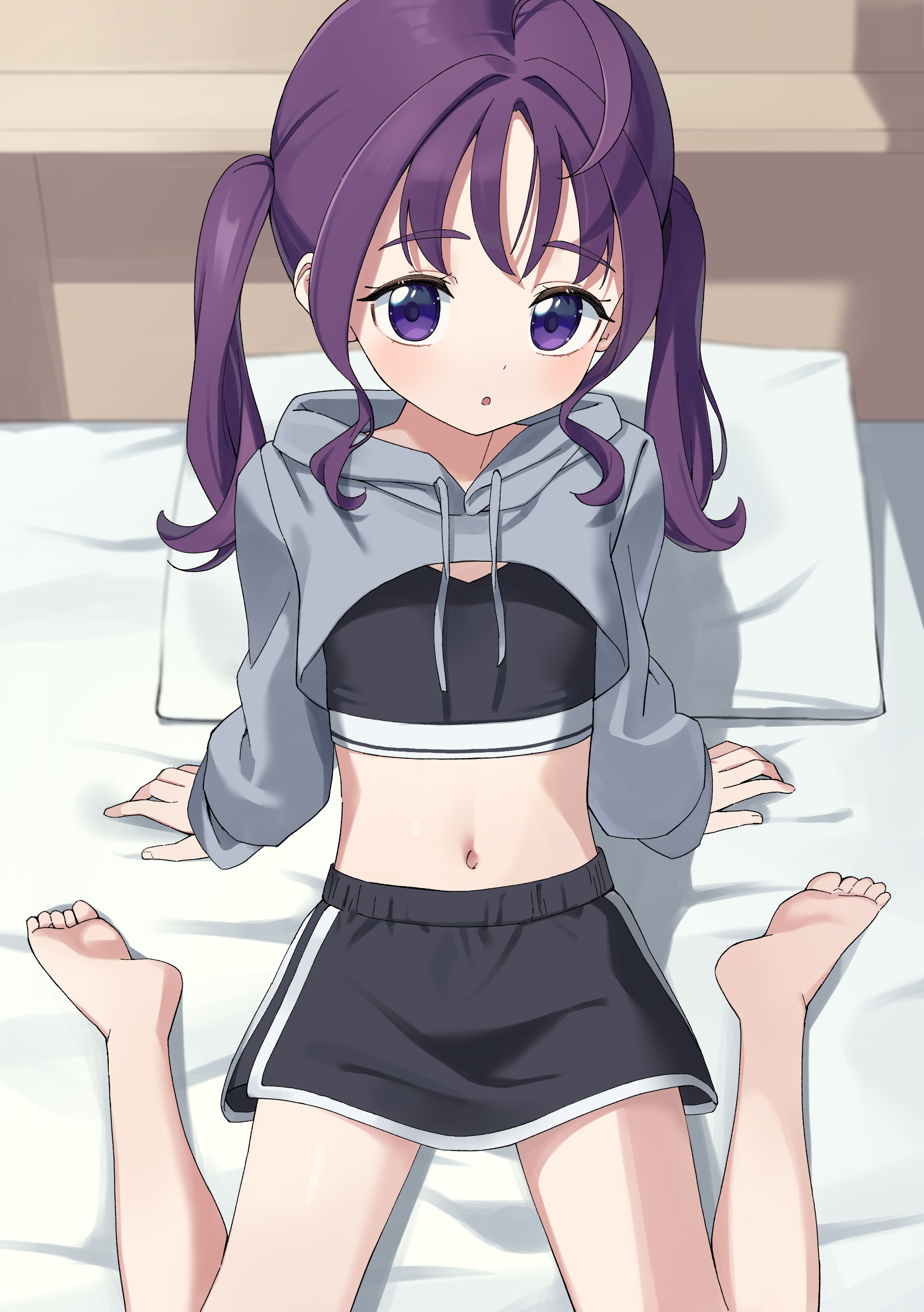 ren-da-min, shigure kokoro, kimi to idol precure, precure, absurdres, commentary request, highres, partial commentary, 1girl, :o, ahoge, bare legs, barefoot, bedroom, black bra, black shorts, bra, cropped hoodie, dot nose, feet, grey hoodie, hands on ground, hood, hood down, hoodie, indoors, leaning back, legs apart, long hair, looking at viewer, midriff, navel, on bed, purple hair, short shorts, shorts, sitting, soles, solo, sports bra, twintails, underwear, wariza, wavy sidelocks