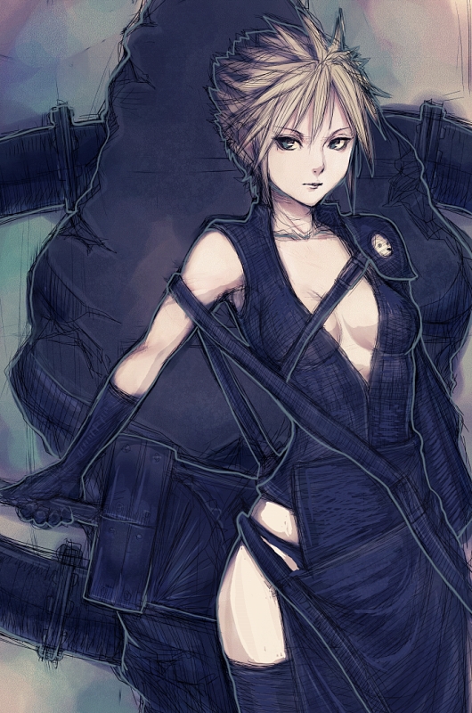 fumio (rsqkr), cloud strife, final fantasy, final fantasy vii, final fantasy vii advent children, 00s, 1990s (style), 1girl, blonde hair, breasts, cleavage, female focus, genderswap, genderswap (mtf), green eyes, medium breasts, panties, shadow, solo, spiked hair, sword, thighhighs, thong, underwear, weapon