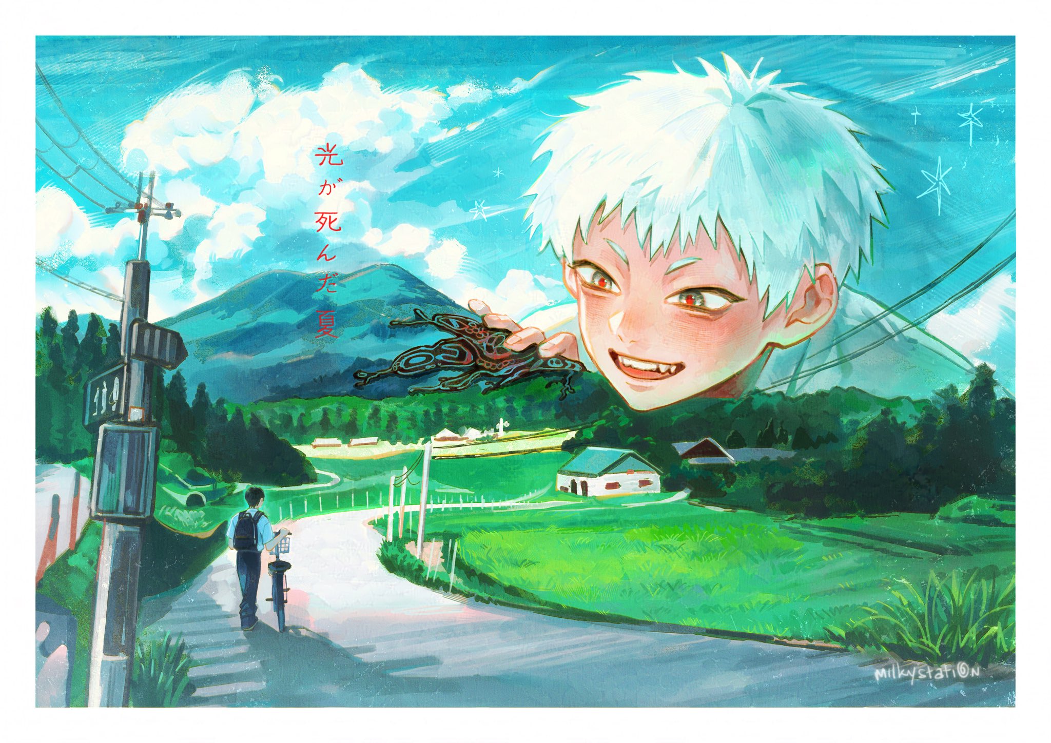 milkystati0n, indou hikaru, hikaru ga shinda natsu, highres, 2boys, backpack, bag, bicycle, black hair, black pants, cloud, fang, forest, giant, grass, looking at another, male focus, mountain, multiple boys, nature, open mouth, pants, red pupils, road, rural, school uniform, shirt, white hair, white shirt