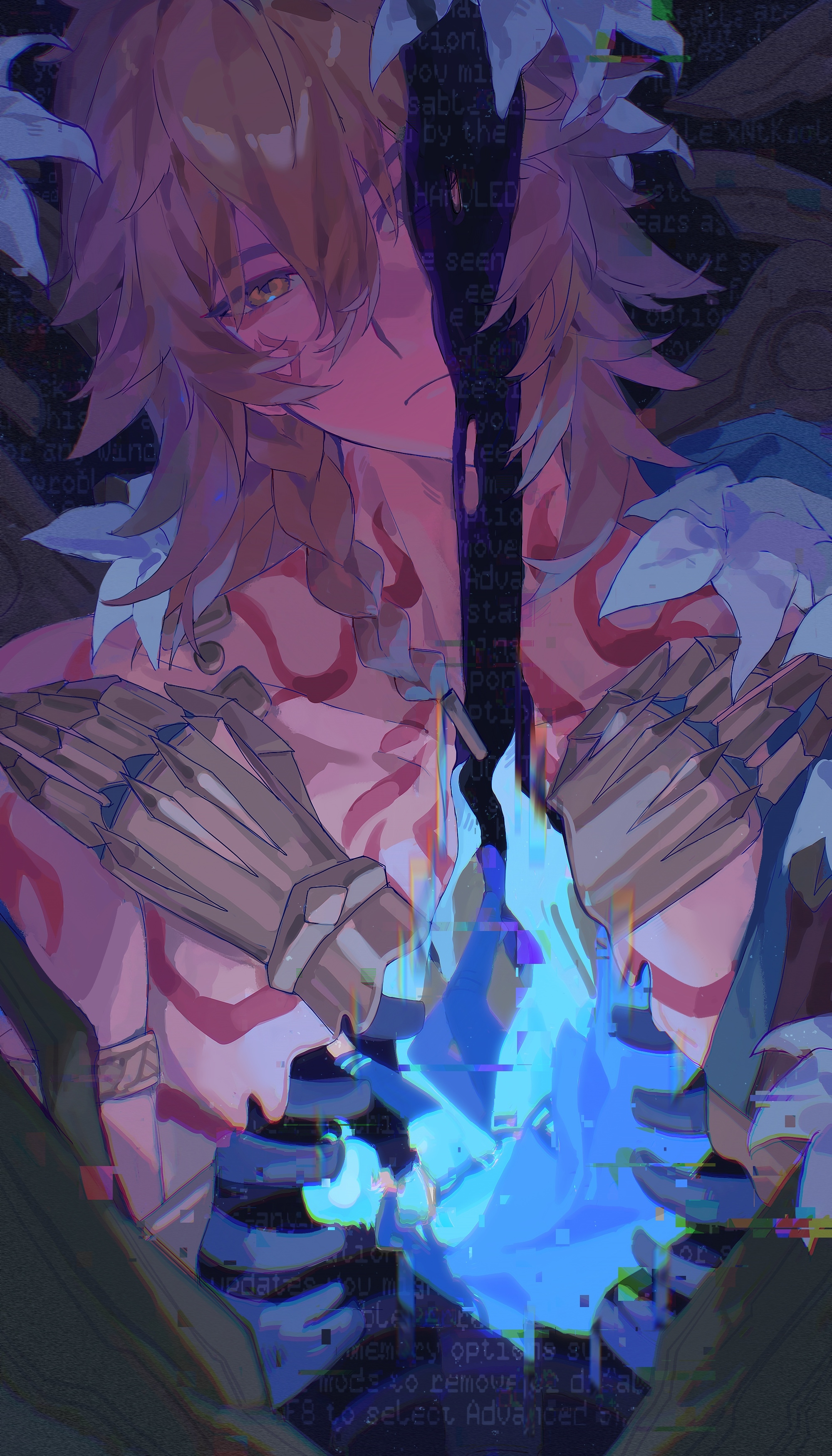 mydei (honkai: star rail), phainon (honkai: star rail), honkai: star rail, honkai (series), absurdres, chinese commentary, commentary request, highres, 2boys, abai452539, antenna hair, arm tattoo, armlet, black coat, blonde hair, braid, chest tattoo, clawed gauntlets, coat, exposed bone, facial tattoo, gold necklace, gradient hair, jewelry, male focus, medium hair, multicolored hair, multiple boys, necklace, open clothes, open coat, red hair, red tattoo, short hair, side braid, tattoo, white coat, white hair, yellow eyes