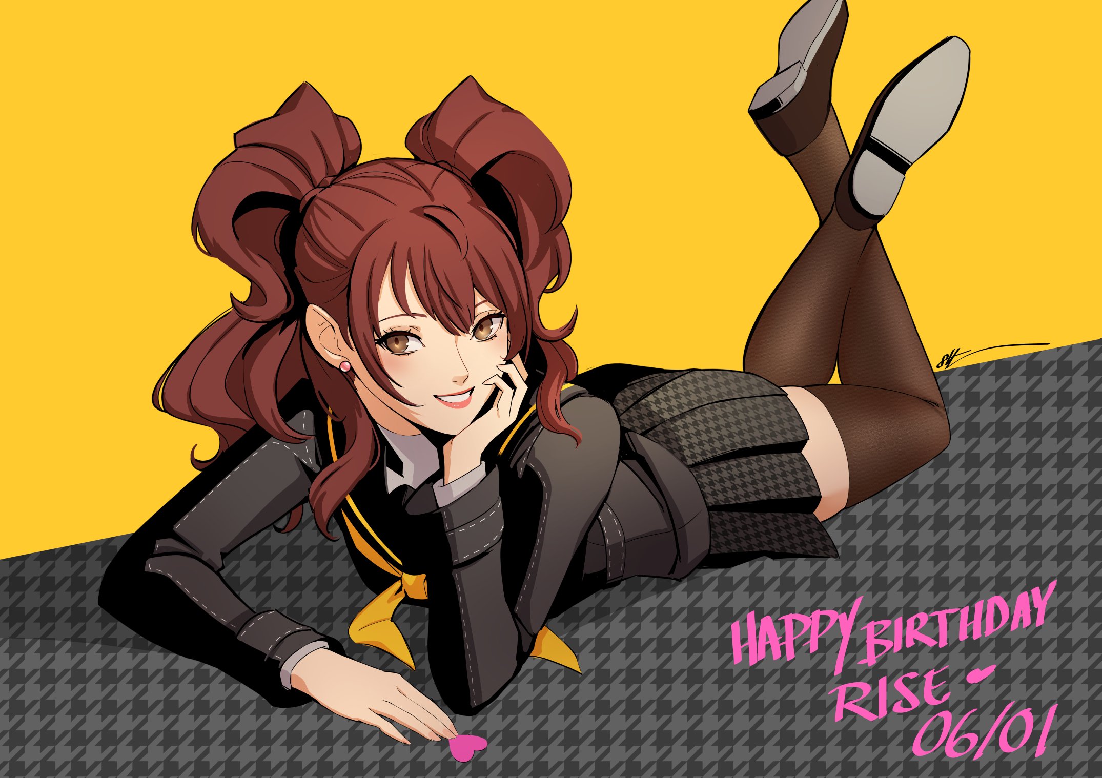 eightyfourart, kujikawa rise, persona, persona 4, highres, birthday, brown hair, happy birthday, school uniform, smile, thighhighs, twintails, yasogami school uniform, zettai ryouiki