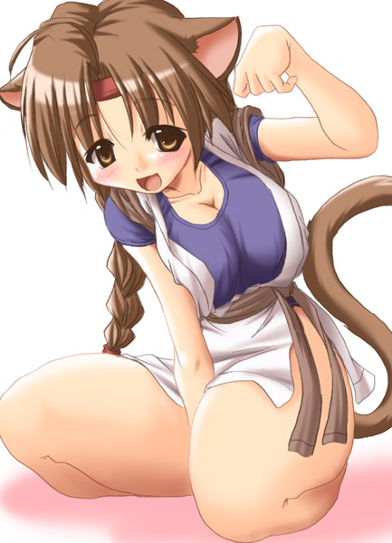 tonpuu, yuri sakazaki, ryuuko no ken, snk, the king of fighters, 1girl, animal ears, blush, bottomless, braid, breasts, brown eyes, brown hair, cat ears, cat tail, cleavage, dougi, female focus, headband, large breasts, long hair, no panties, no pants, sash, seiza, single braid, sitting, solo, tail, very long hair