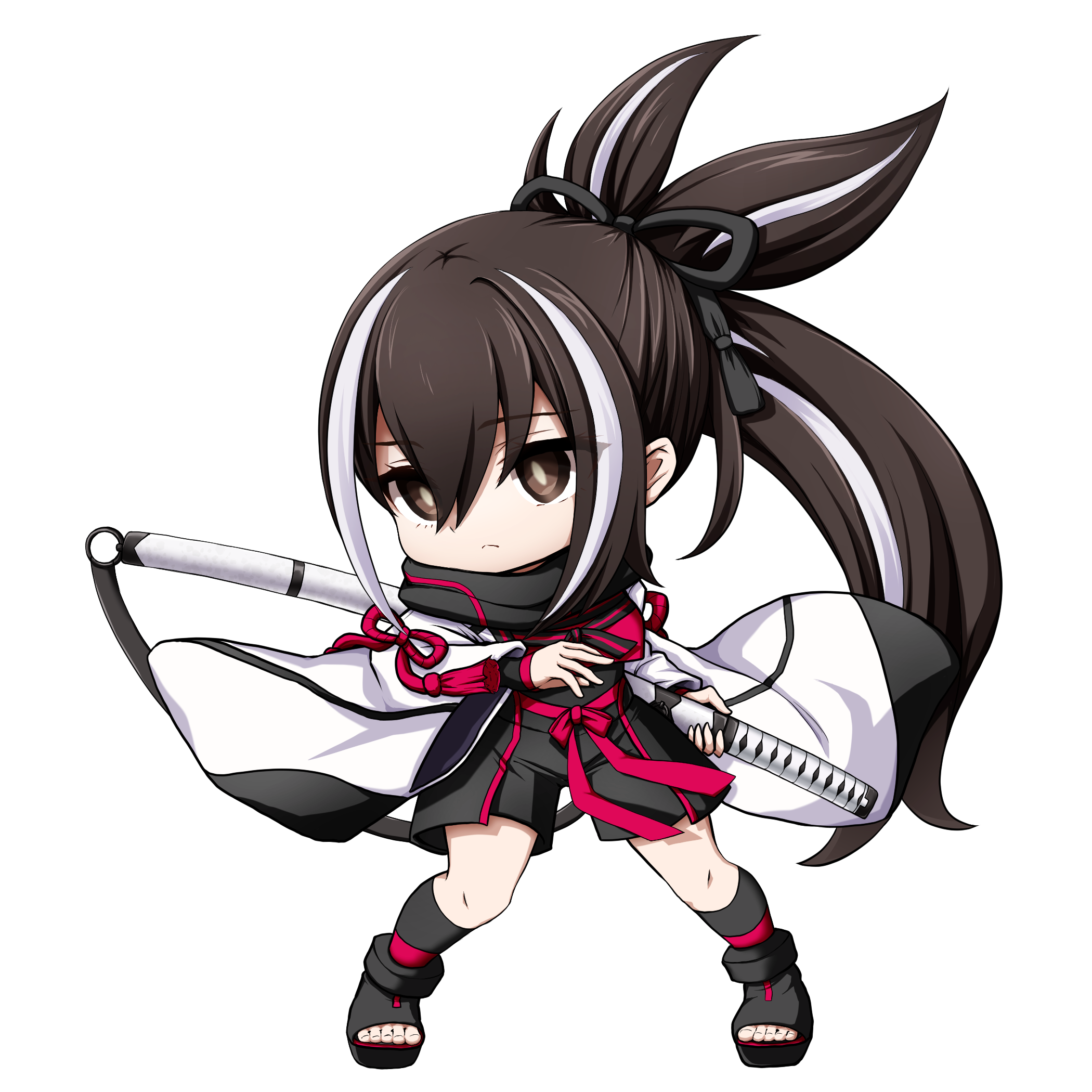 kuena, kawakami gensai (fate), fate/grand order, fate (series), commentary request, highres, 1girl, black ribbon, black scarf, black shoes, black shorts, black socks, brown eyes, brown hair, chibi, full body, hair between eyes, hair ribbon, holding, holding sheath, katana, long hair, long sleeves, multicolored hair, open-toe shoes, ponytail, ribbon, scarf, sheath, shoes, shorts, simple background, socks, solo, standing, streaked hair, sword, very long hair, weapon, white background, white hair, wide sleeves
