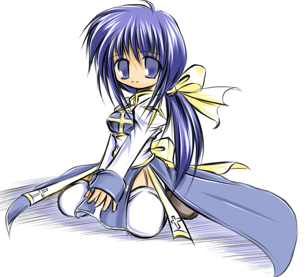 arch bishop (ragnarok online), ragnarok online, blue eyes, blue hair, brown shoes, chibi, garter straps, long hair, ponytail, ribbon, shoes, simple background, smile, solo, thighhighs, white background, white thighhighs
