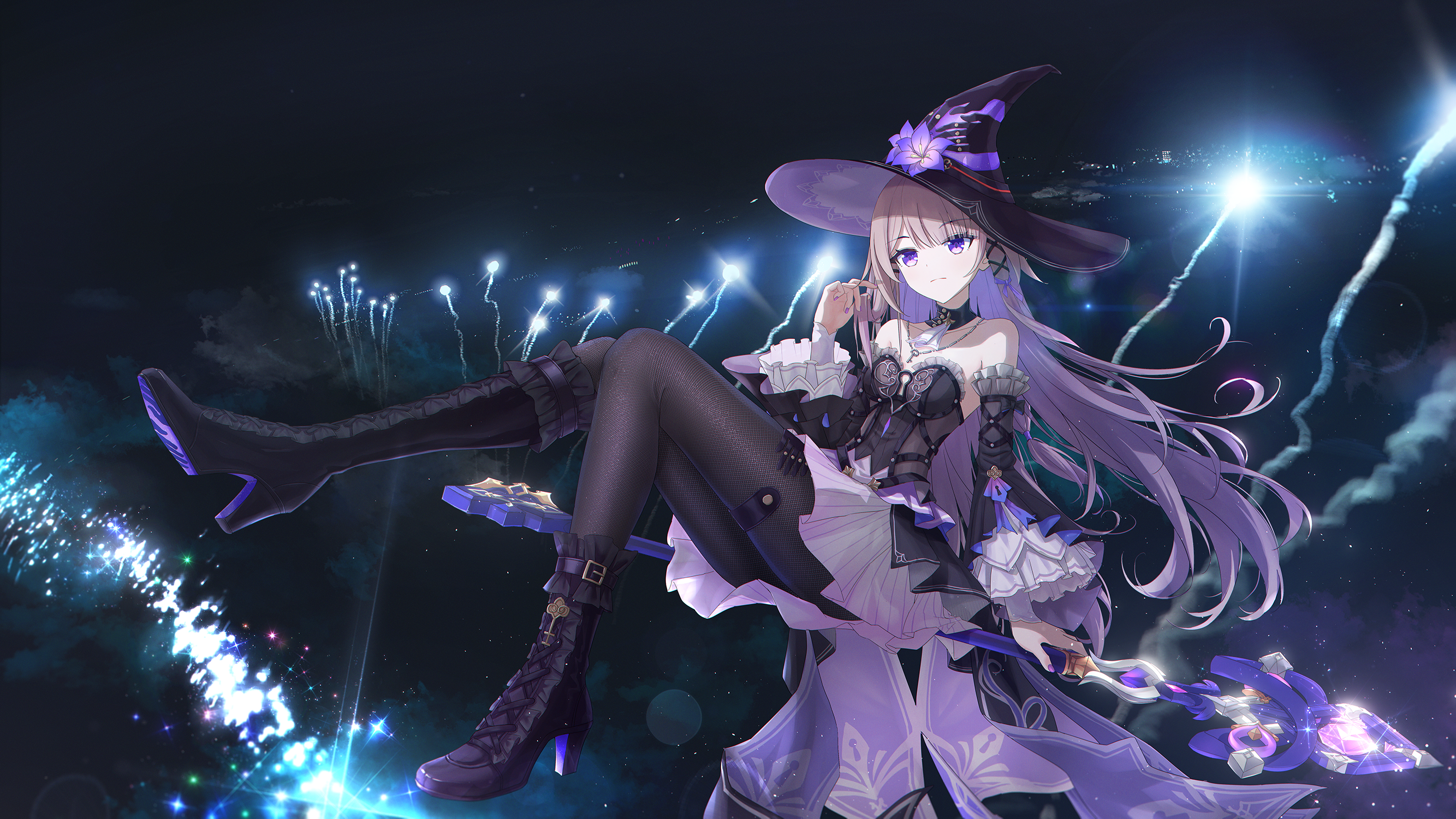 kokage (chenff), herta (honkai: star rail), the herta (honkai: star rail), honkai: star rail, honkai (series), commentary, highres, 1girl, aerial fireworks, bare shoulders, black boots, black dress, black hat, black pantyhose, black sleeves, boots, brown hair, closed mouth, detached sleeves, dress, fireworks, floating hair, flower, flying, frilled sleeves, frills, full body, hair ornament, hand in own hair, hand up, hat, hat flower, high heels, jewelry, key, large hat, long hair, looking ahead, nail polish, necklace, night, night sky, outdoors, pantyhose, purple eyes, purple flower, purple nails, sitting, sky, solo, staff, strapless, strapless dress, thigh strap, very long hair, wide sleeves, x hair ornament