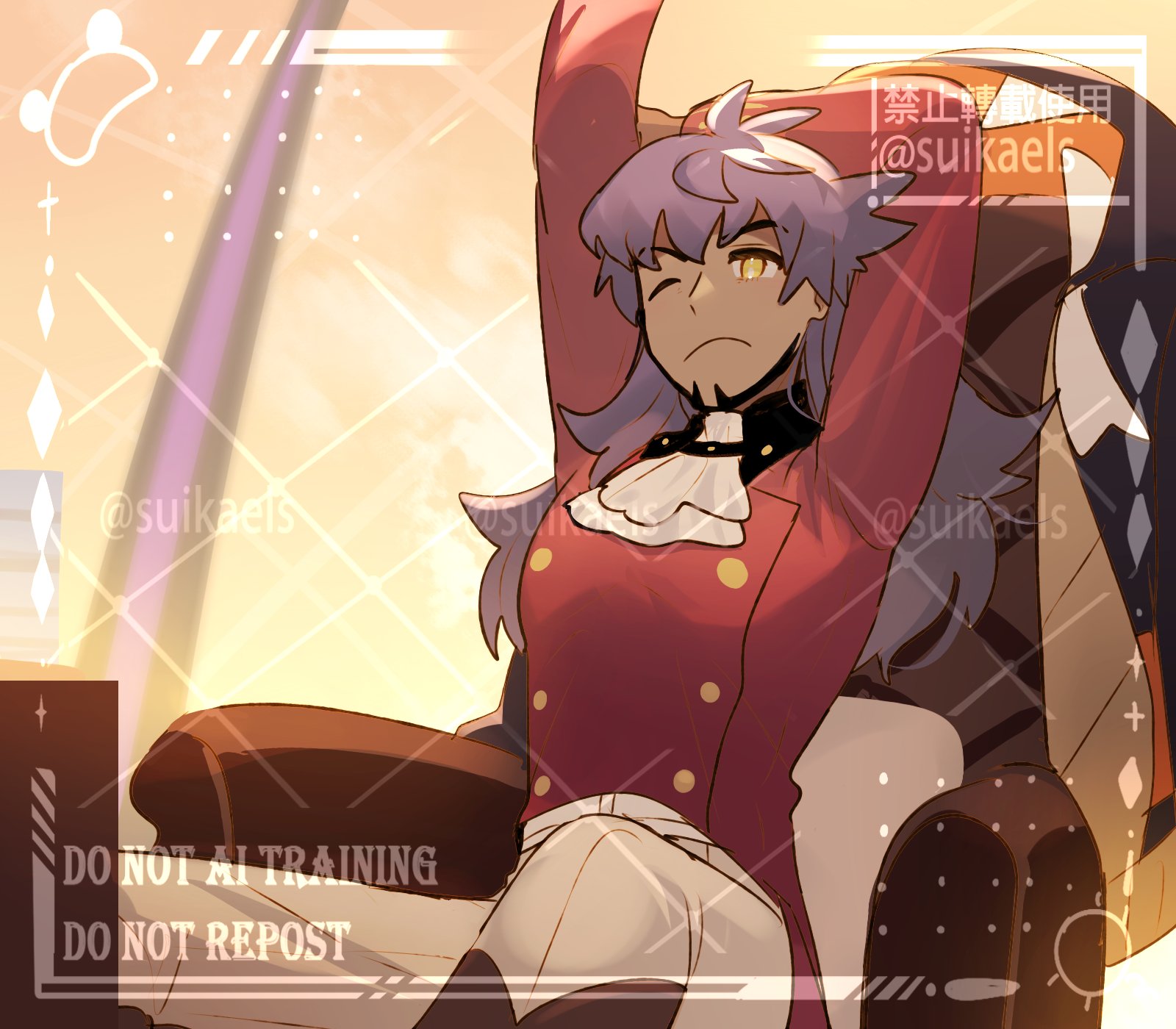 suikaels, leon (pokemon), nintendo, pokemon, pokemon swsh, highres, 1boy, arm up, ascot, closed mouth, dark-skinned male, dark skin, facial hair, long hair, looking at viewer, male focus, one eye closed, pants, purple hair, red shirt, shirt, simple background, sitting, solo, stretching, upper body, white ascot, white pants, yellow background, yellow eyes