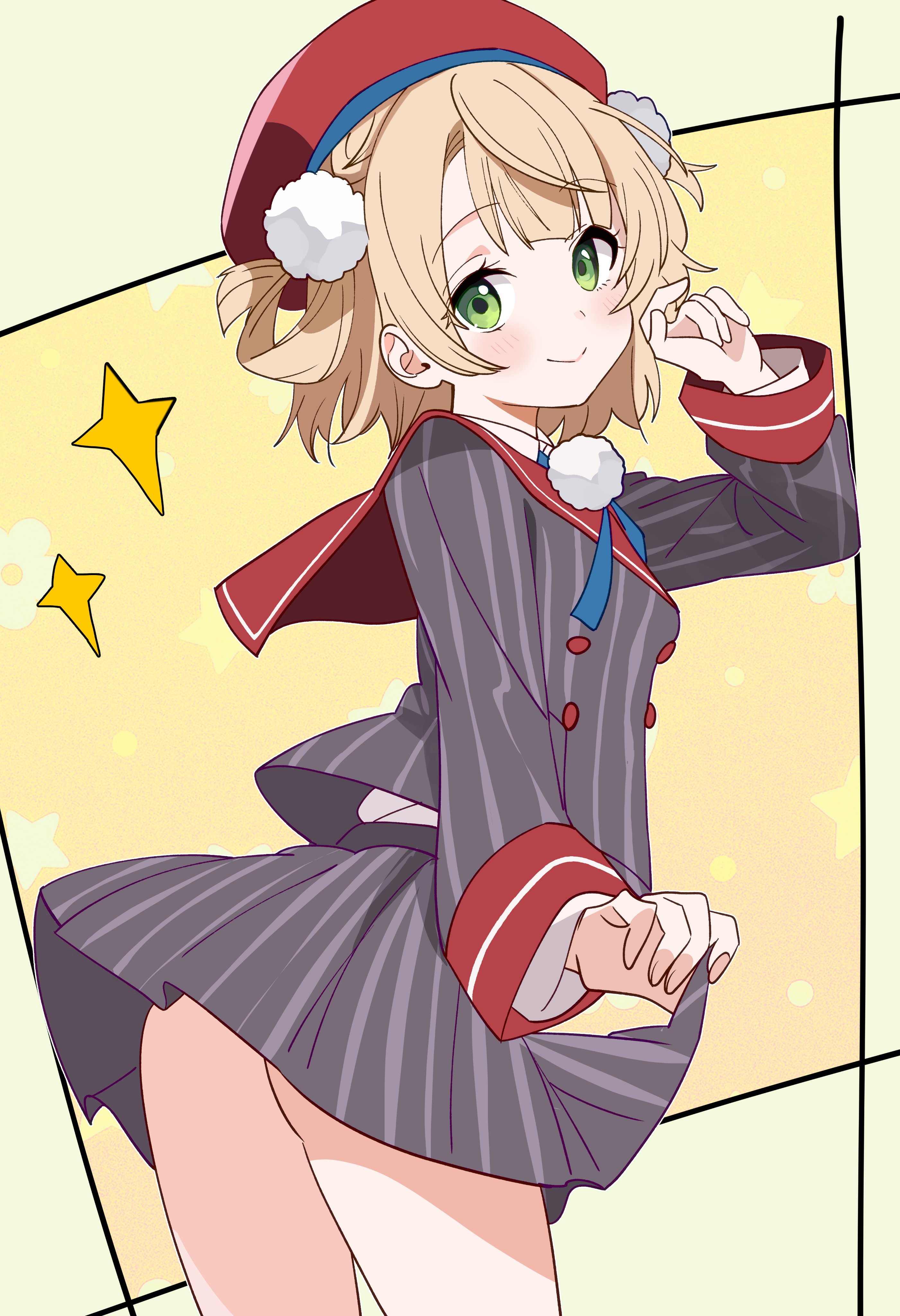 hutaba haru, shigure ui (vtuber), shigure ui (vtuber) (1st costume), indie virtual youtuber, absurdres, commentary, highres, symbol-only commentary, 1girl, ass, beret, blonde hair, blue ribbon, braid, buttons, closed mouth, collared shirt, double-breasted, dress shirt, from behind, green eyes, grey jacket, grey skirt, hair ornament, hair rings, hand up, hat, jacket, long sleeves, looking at viewer, miniskirt, neck ribbon, pinstripe jacket, pinstripe pattern, pinstripe skirt, pleated skirt, pom pom (clothes), pom pom hair ornament, red hat, red sailor collar, ribbon, sailor collar, school uniform, shirt, short hair, side braid, side up ring, skirt, skirt hold, sleeve cuffs, smile, solo, striped clothes, striped jacket, vertical-striped clothes, vertical-striped jacket, virtual youtuber, white shirt