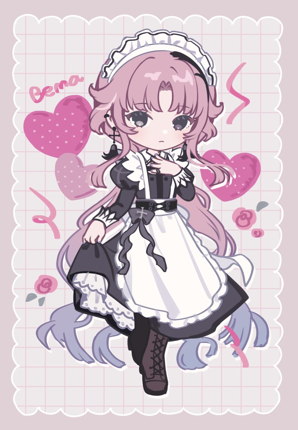edano (8ed mm8), kamitsubaki studio, sinsekai record, highres, 1girl, apron, bema (sinsekai), black dress, boots, border, brown boots, character name, closed mouth, deformed, dress, earrings, frilled apron, frills, full body, grey hair, grey nails, grid background, hair ornament, hand on own chest, heart, heterochromia, jewelry, juliet sleeves, lace-up boots, long hair, long sleeves, maid apron, maid headdress, multicolored hair, nail polish, parted bangs, pink hair, puffy sleeves, purple border, skirt hold, solo, two-tone hair, very long hair, virtual youtuber, white apron, white headdress