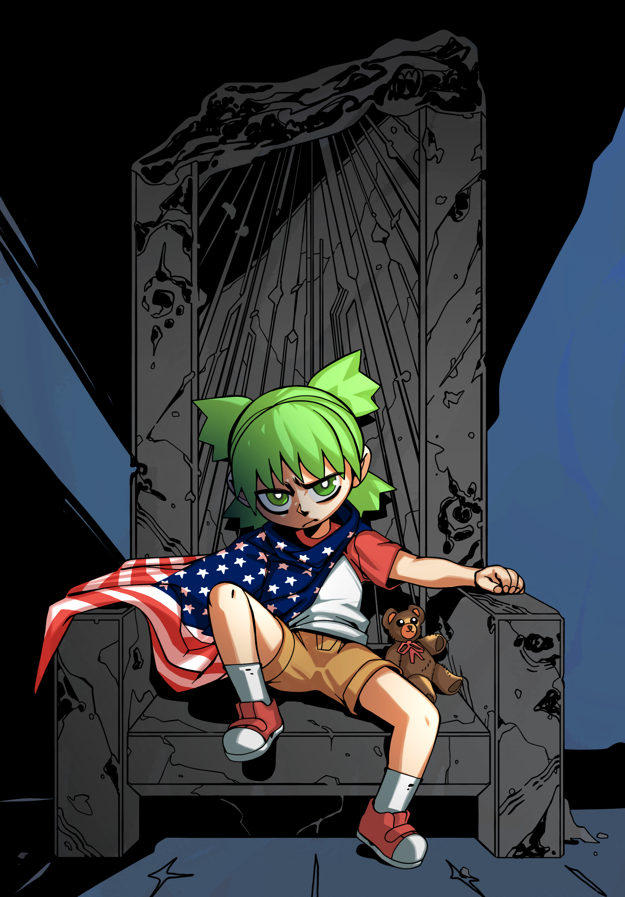 ramenwarwok, duralumin, koiwai yotsuba, 4chan, akira (manga), yotsubato!, absurdres, bad source, highres, 1girl, american flag, american flag print, anniversary, brown shorts, cape, flag print, frown, full body, green eyes, green hair, looking at viewer, parody, red shoes, shirt, shoes, short hair, short sleeves, shorts, sitting, sneakers, socks, solo, stuffed animal, stuffed toy, t-shirt, teddy bear, throne, white socks