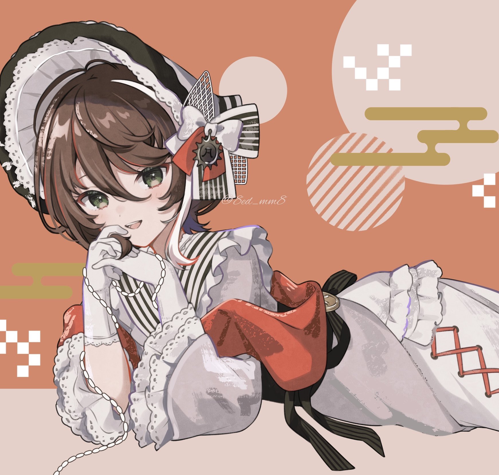 edano (8ed mm8), asu (sinsekai), kamitsubaki studio, sinsekai record, hashtag-only commentary, highres, bonnet, bow, brown hair, egasumi, gloves, green eyes, hair between eyes, hat, hat bow, japanese clothes, light blush, looking at viewer, lying, multicolored hair, on stomach, orange hair, own hands together, parted lips, streaked hair, twitter username, virtual youtuber, white gloves, white hair
