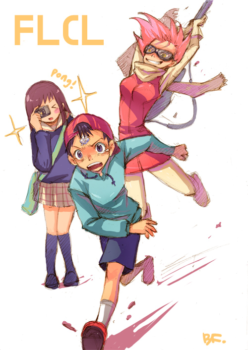 bf. (sogogiching), haruhara haruko, nandaba naota, samejima mamimi, flcl, gainax, archived source, 1boy, 2girls, aqua hoodie, aqua sleeves, bag, bandaid, bandaid on face, bandaid on forehead, baseball cap, bass guitar, blue shorts, blue sleeves, blue socks, blue sweater, blush, breasts, brown eyes, brown hair, camera, can, clenched hand, closed eyes, copyright name, fleeing, gloves, goggles, green bag, grin, guitar strap, hat, holding, holding bass guitar, holding camera, holding can, holding instrument, hood, hoodie, incoming attack, instrument, jacket, kneehighs, knees together feet apart, long hair, long sleeves, medium breasts, midair, multiple girls, nostrils, open mouth, pink hair, plaid clothes, plaid skirt, pleated skirt, red hat, red jacket, red shoes, rickenbacker, rickenbacker 4001, running, scarf, school uniform, serafuku, shoes, short hair, shorts, shoulder bag, signature, simple background, skirt, sleeve cuffs, sleeveless, sleeveless jacket, smile, socks, sound effects, sparkle, standing, sweater, taking picture, tears, teeth, toggles, upper teeth only, white scarf, white socks, yellow eyes, yellow gloves, yellow leggings, yellow skirt, yellow sleeves